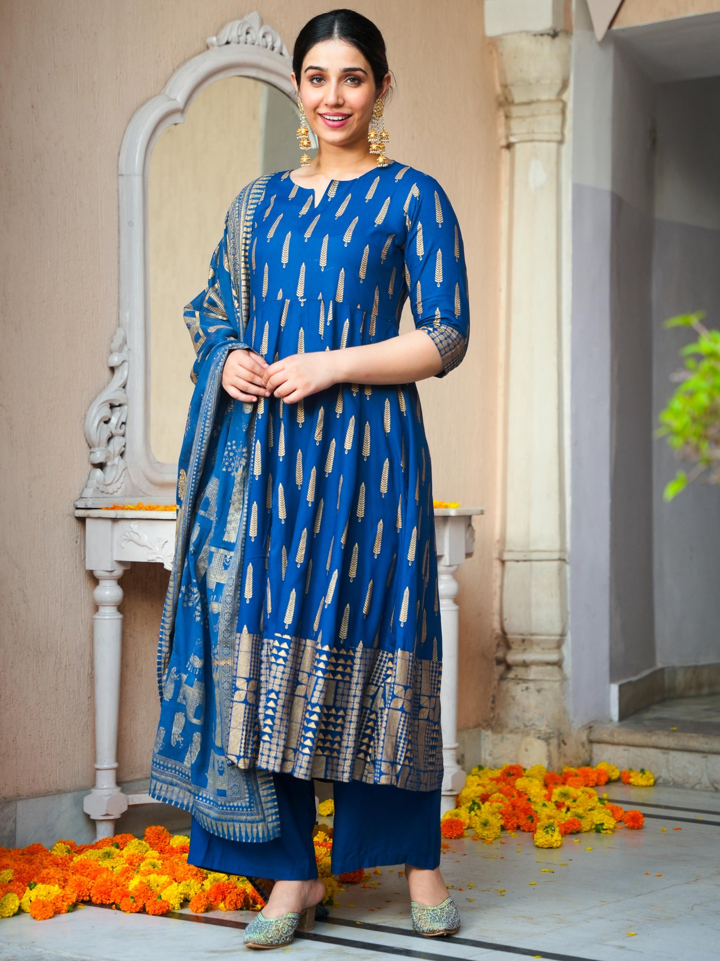Cotton Voile Gold foil Blue Dupatta