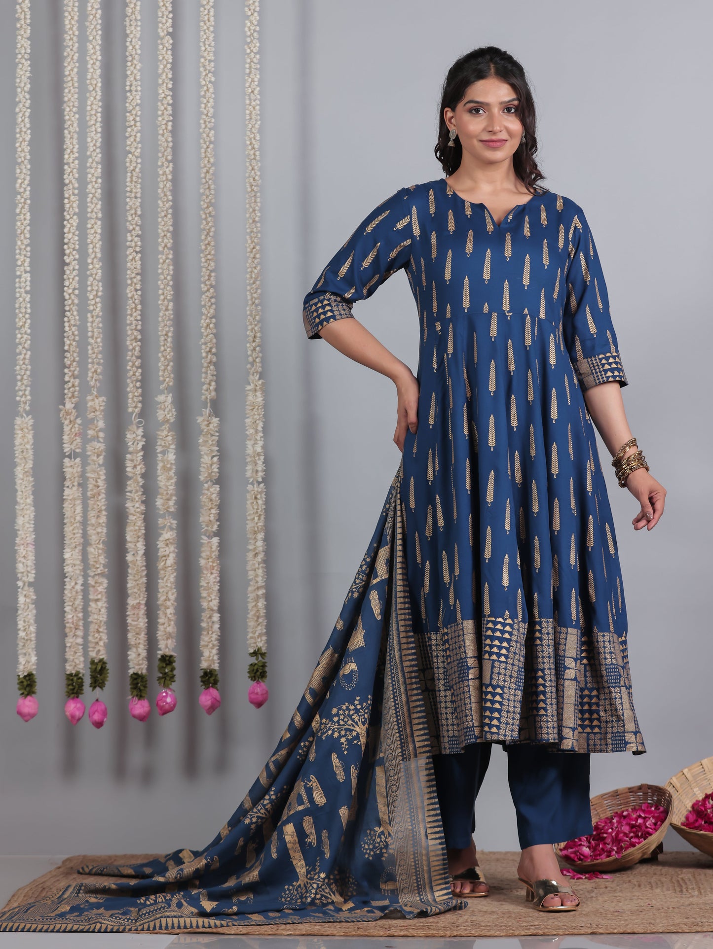 Cotton Voile Gold foil Blue Dupatta