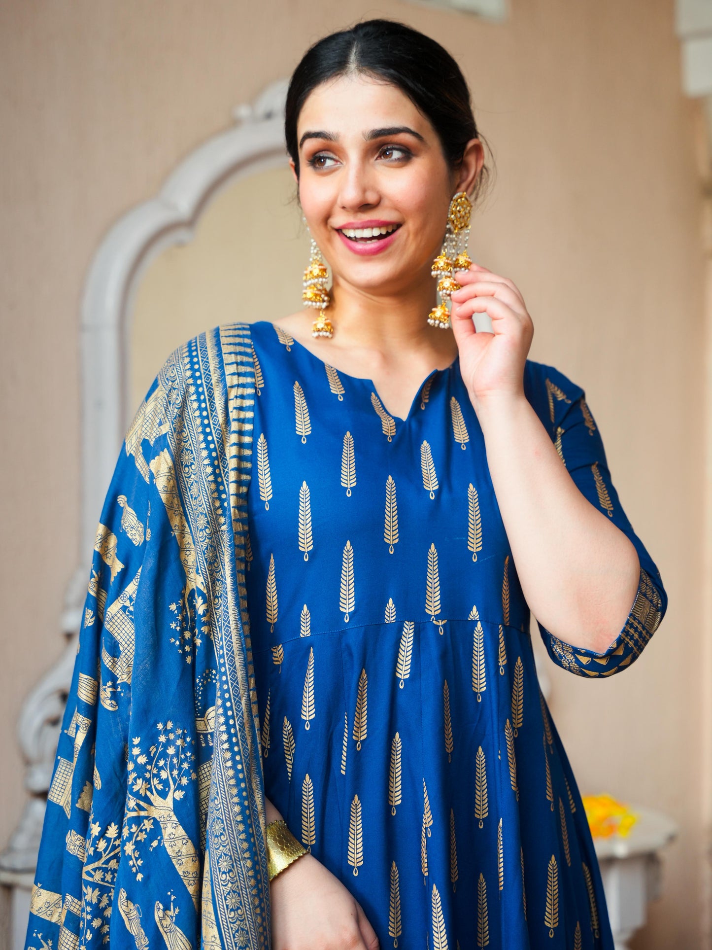 Cotton Voile Gold foil Blue Dupatta