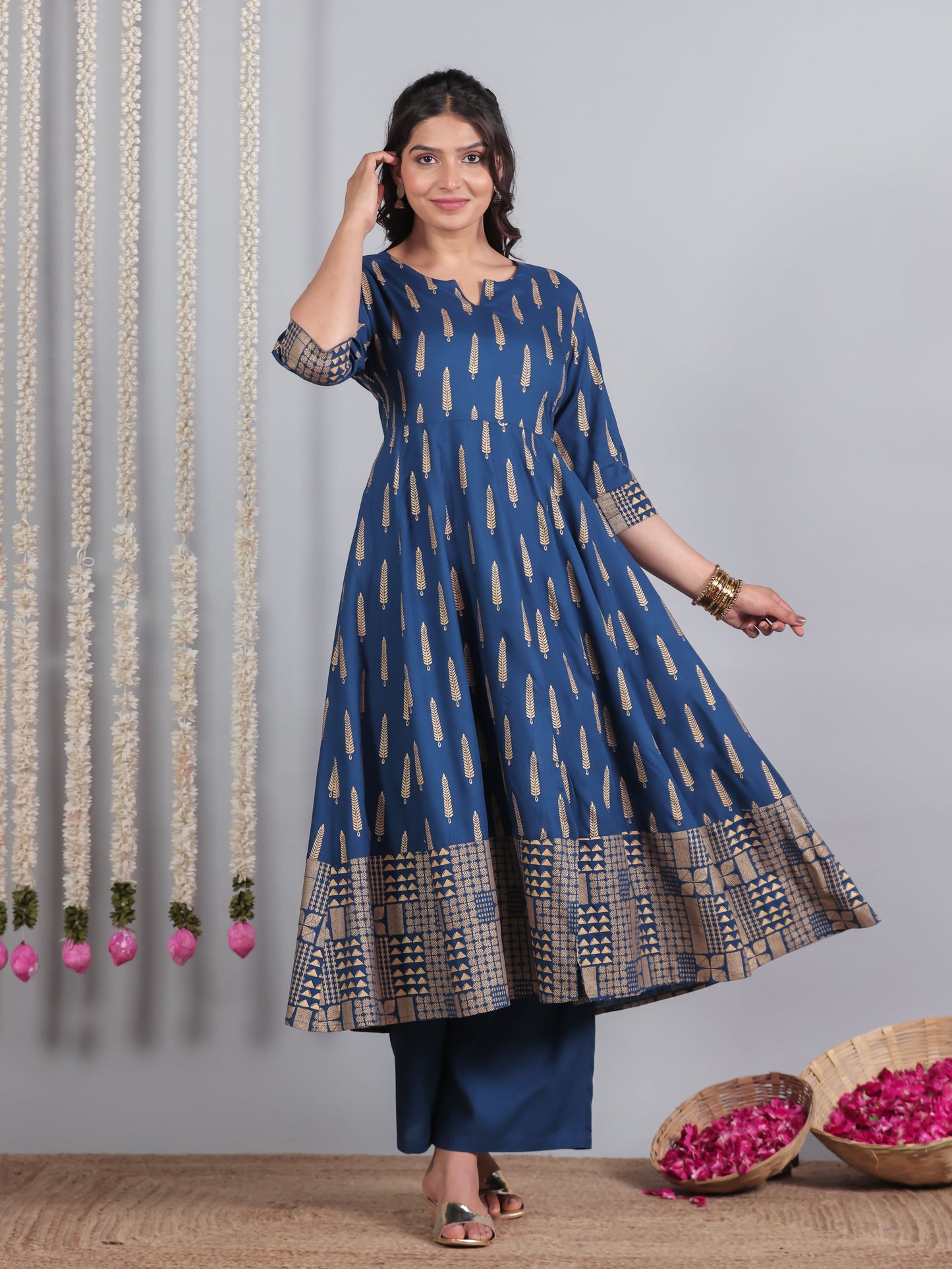 Viscose Gold foil Anarkali Blue Kurta