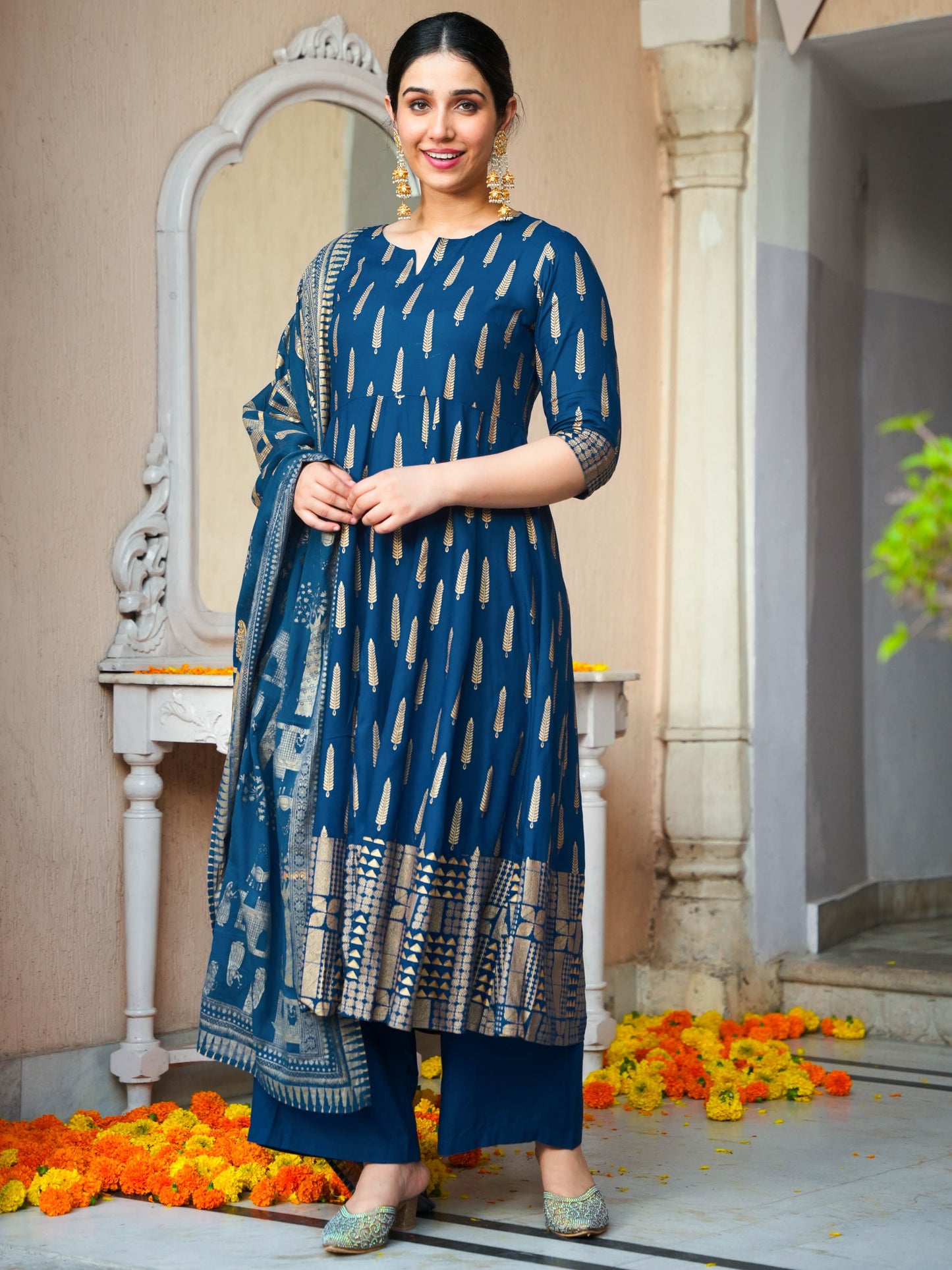 Viscose Gold foil Anarkali Blue Kurta