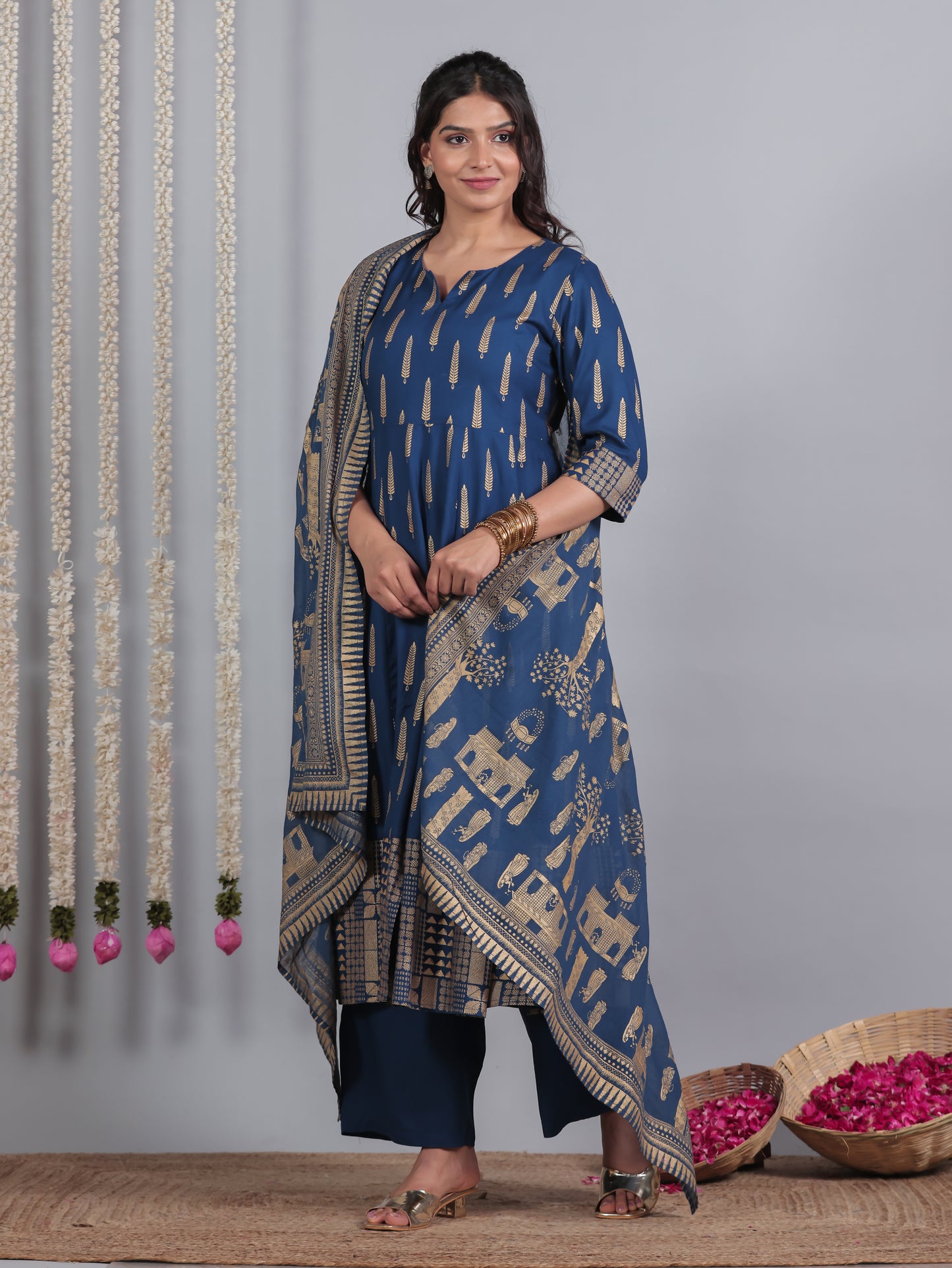 Viscose Gold foil Anarkali Blue Kurta