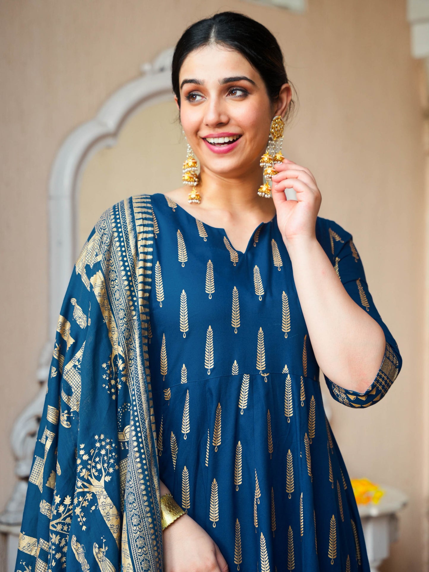 Viscose Gold foil Anarkali Blue Kurta