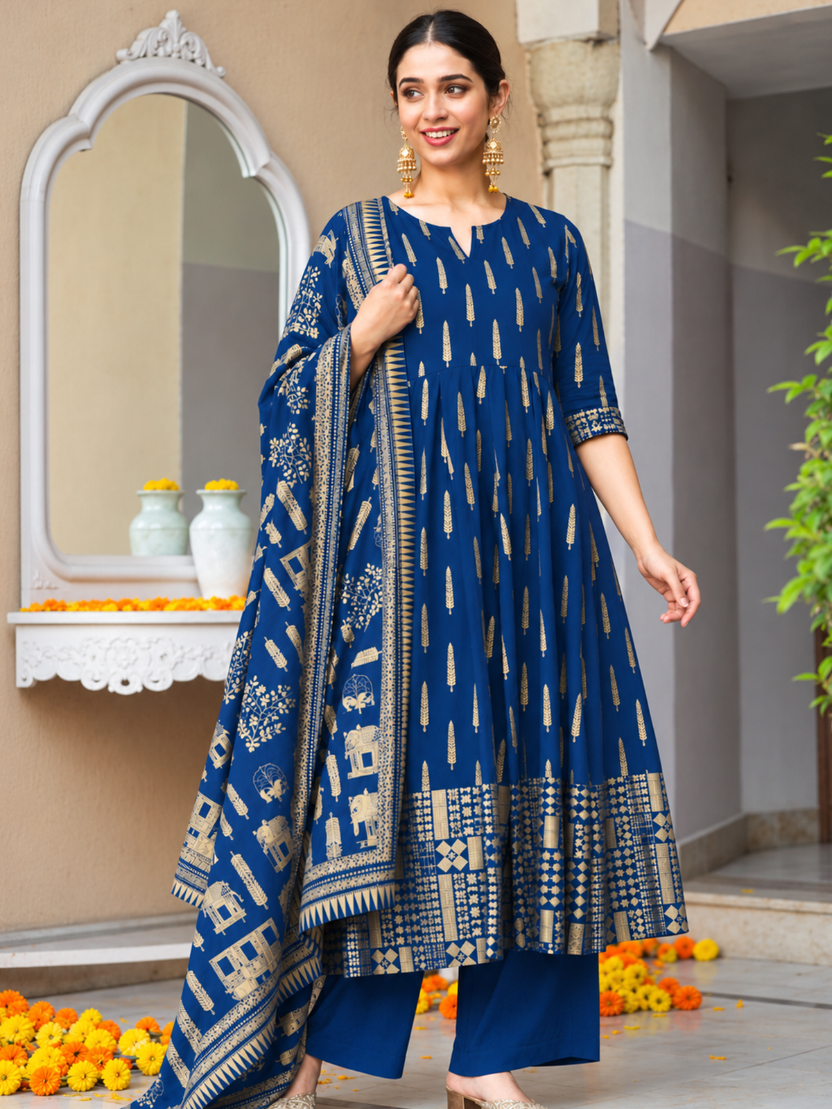Viscose Gold foil Anarkali Blue Kurta
