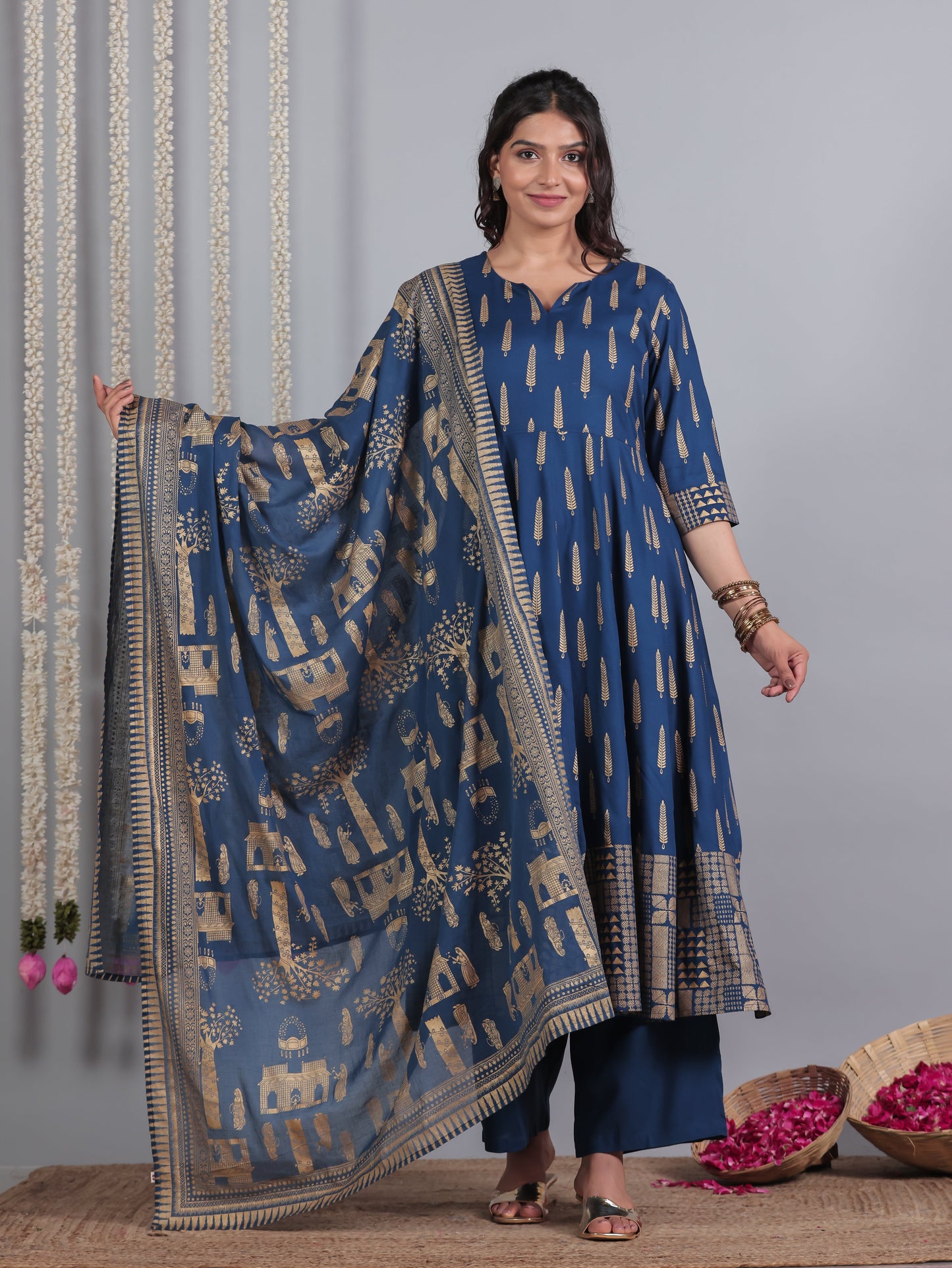 Viscose Gold foil Anarkali Blue Kurta