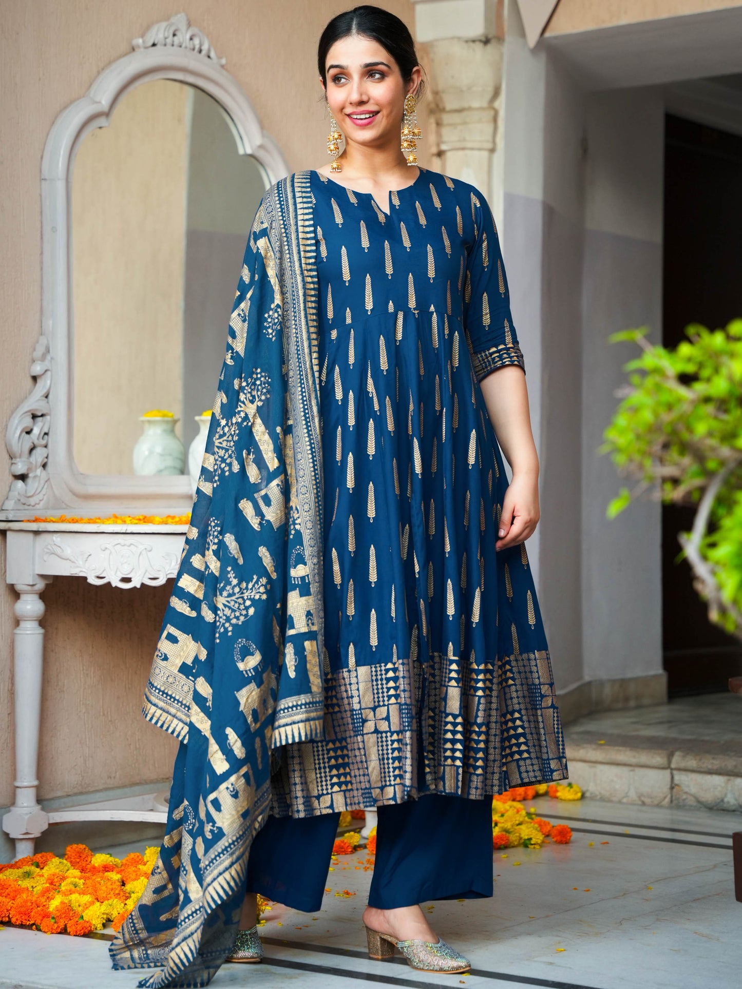Viscose Gold foil Anarkali Blue Kurta