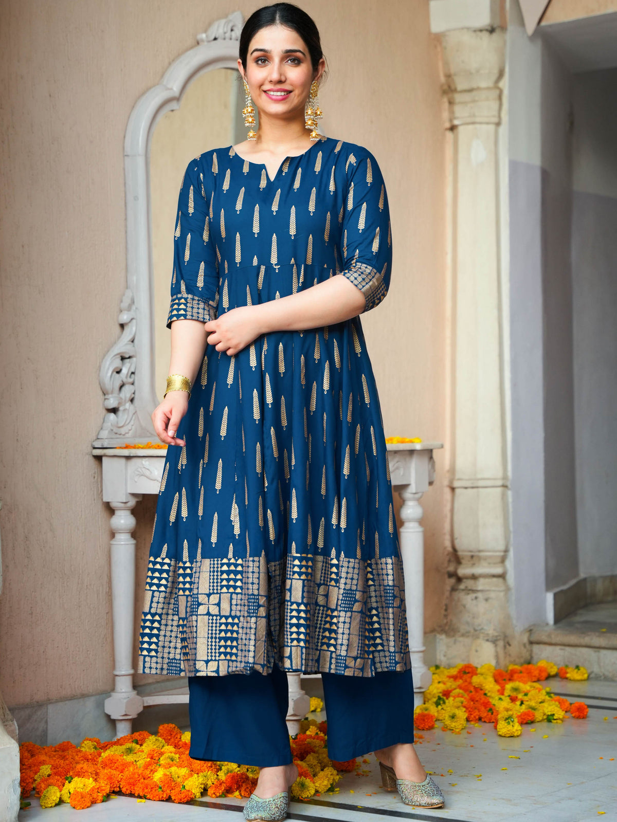 Viscose Gold foil Anarkali Blue Kurta