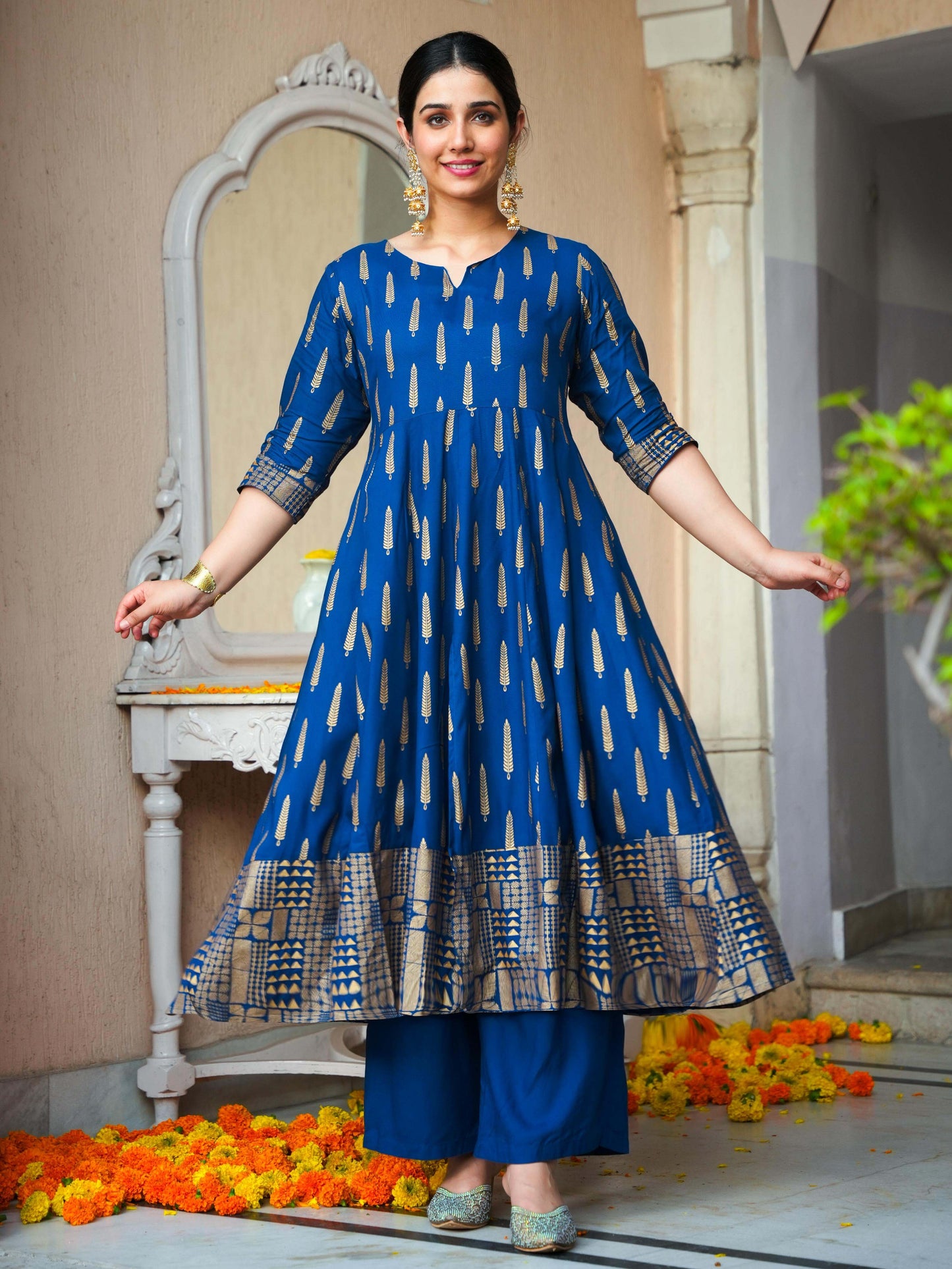 Viscose Gold foil Anarkali Blue Kurta