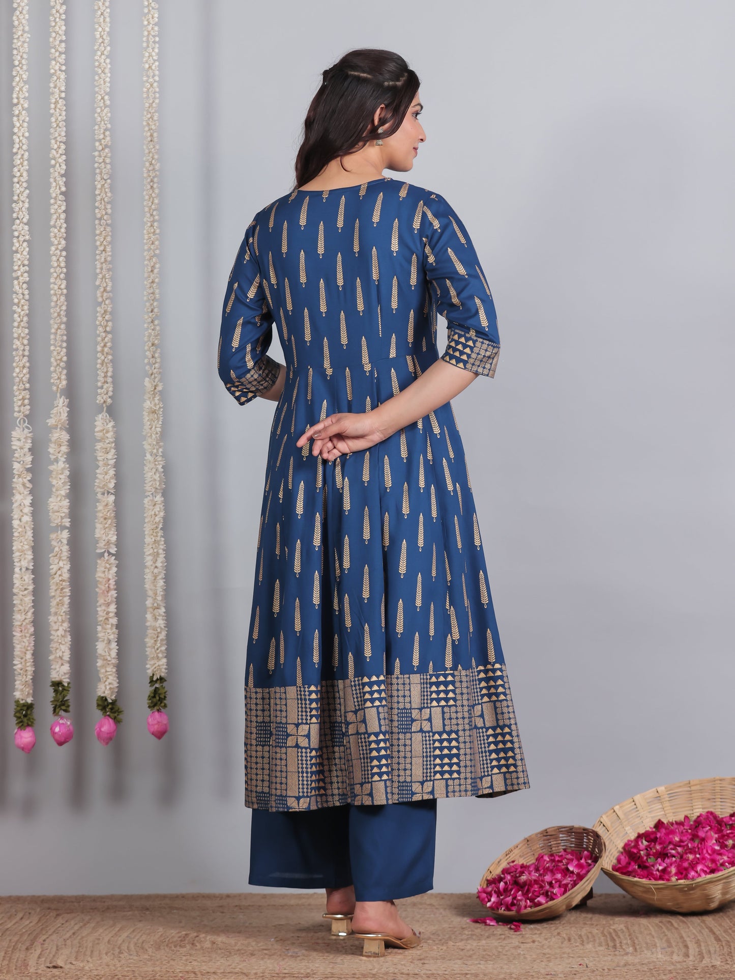Viscose Gold foil Anarkali Blue Kurta