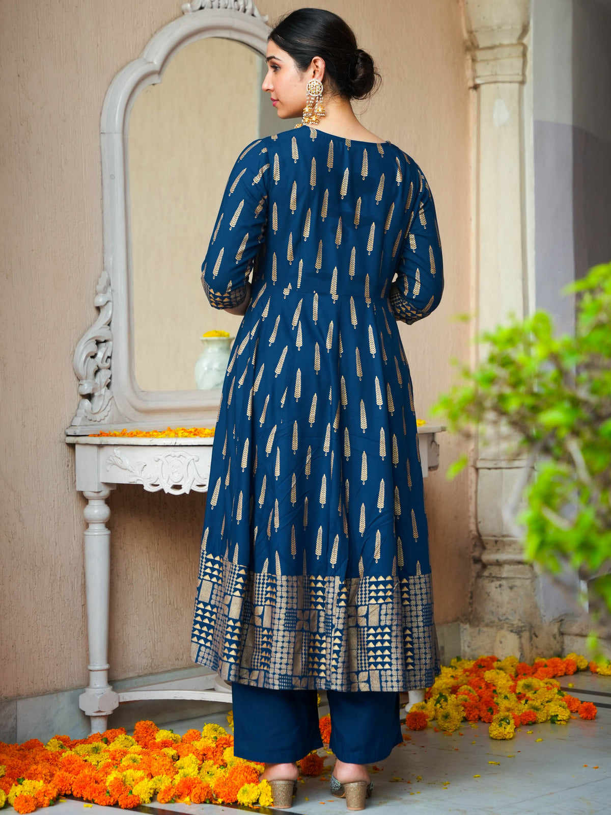 Viscose Gold foil Anarkali Blue Kurta