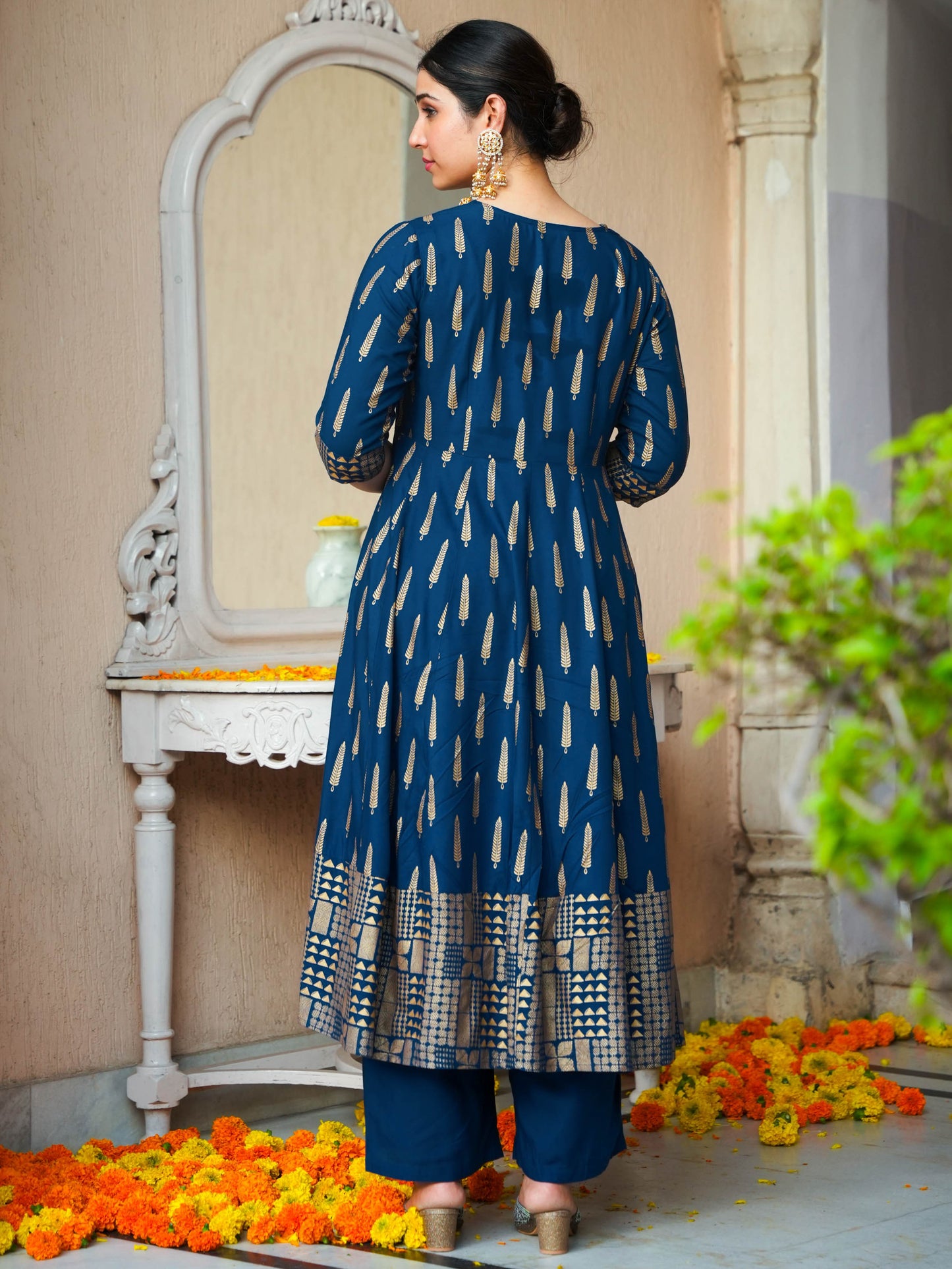 Viscose Gold foil Anarkali Blue Kurta