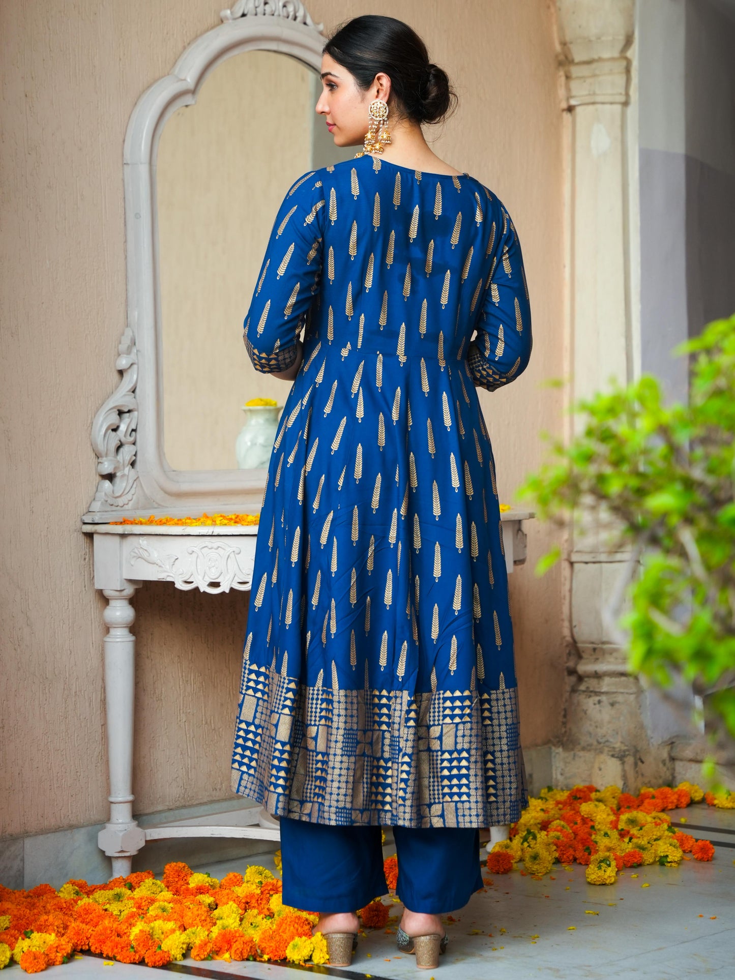 Viscose Gold foil Anarkali Blue Kurta