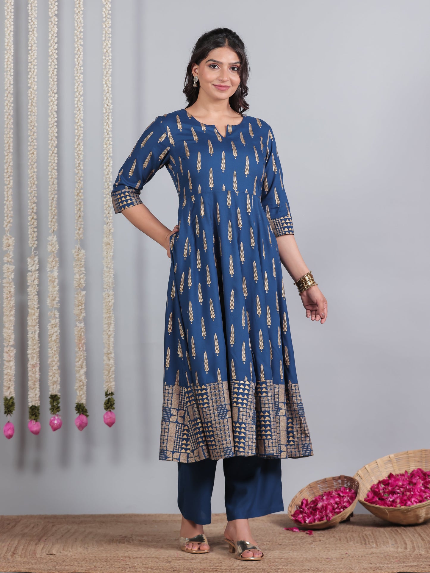 Viscose Gold foil Anarkali Blue Kurta