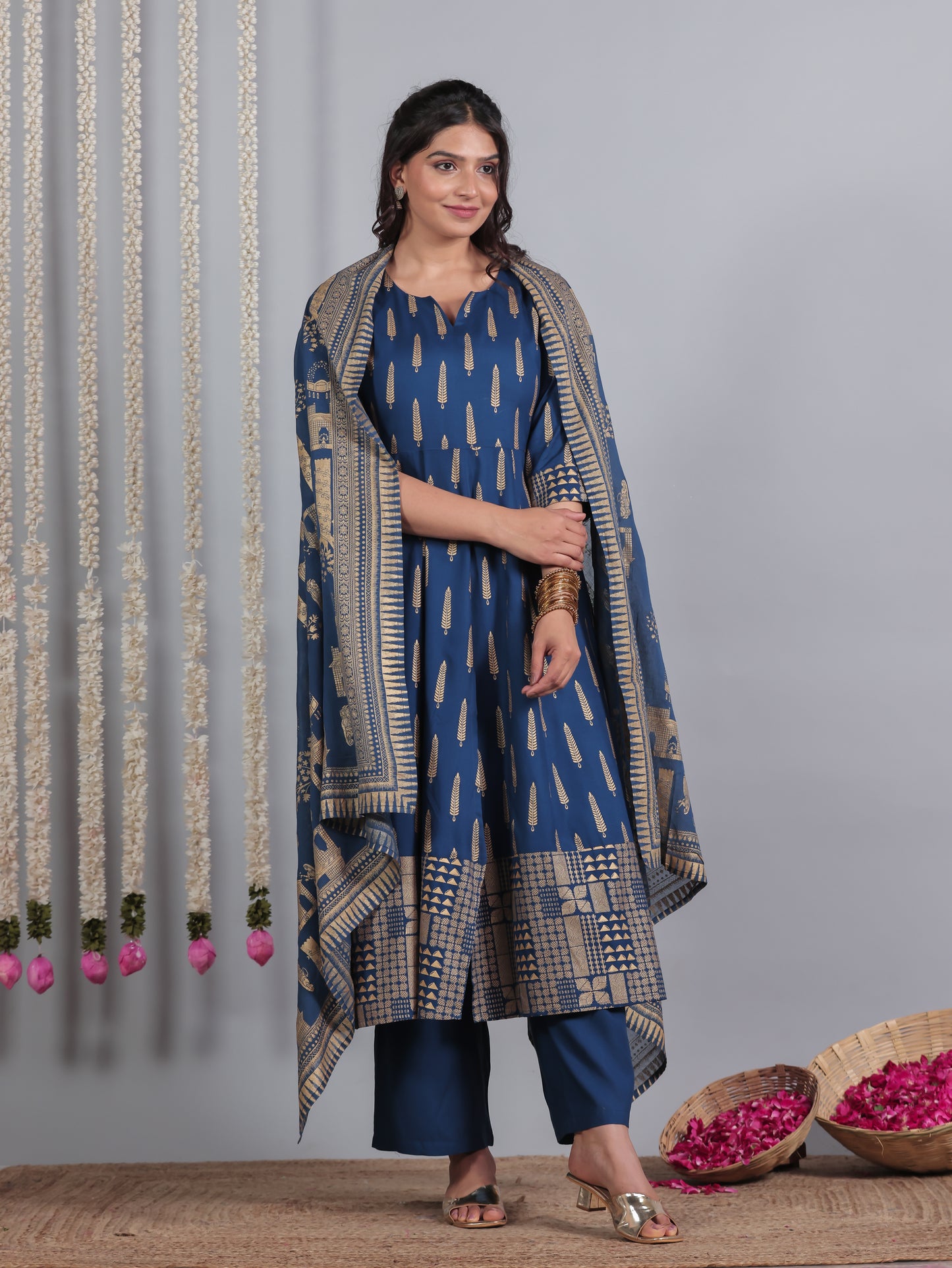 Viscose Gold foil Anarkali Blue Kurta
