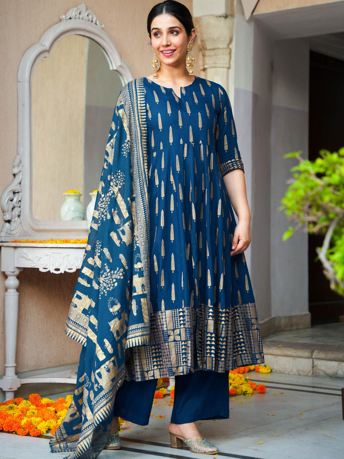 Viscose Gold foil Anarkali Blue Kurta