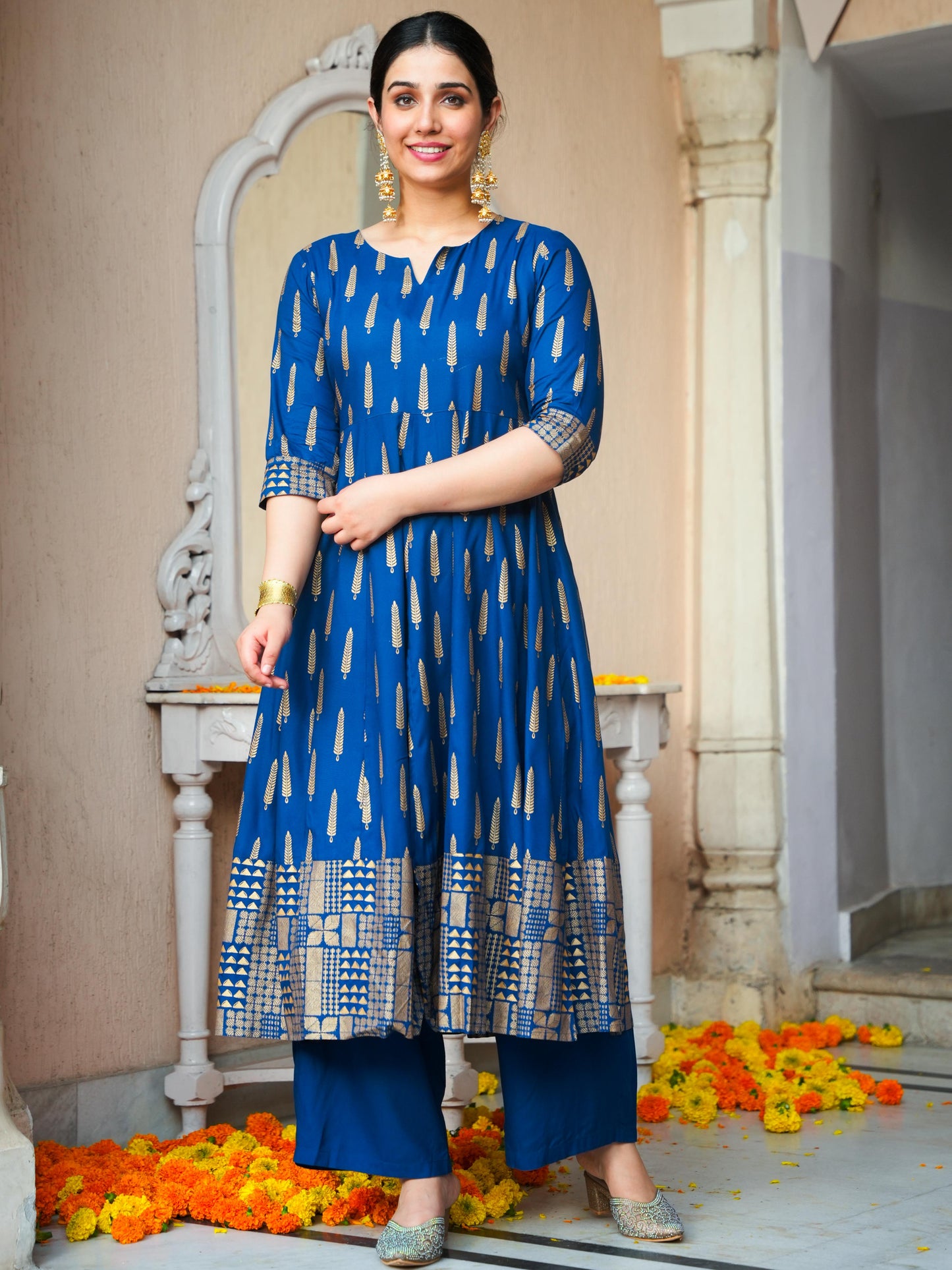Viscose Gold foil Anarkali Blue Kurta