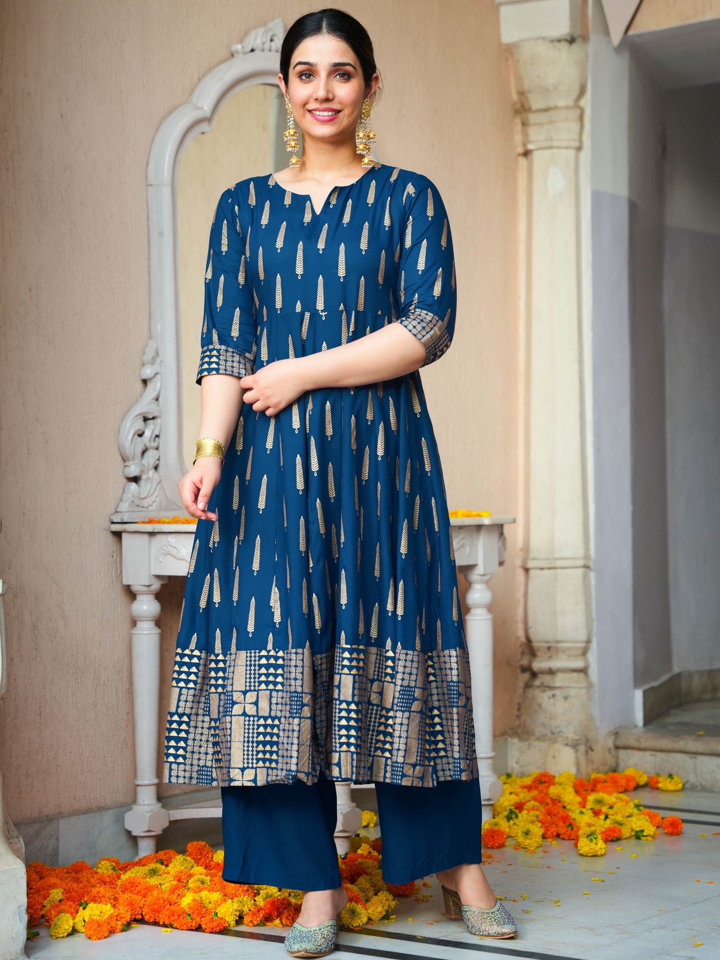 Viscose Gold foil Anarkali Blue Kurta