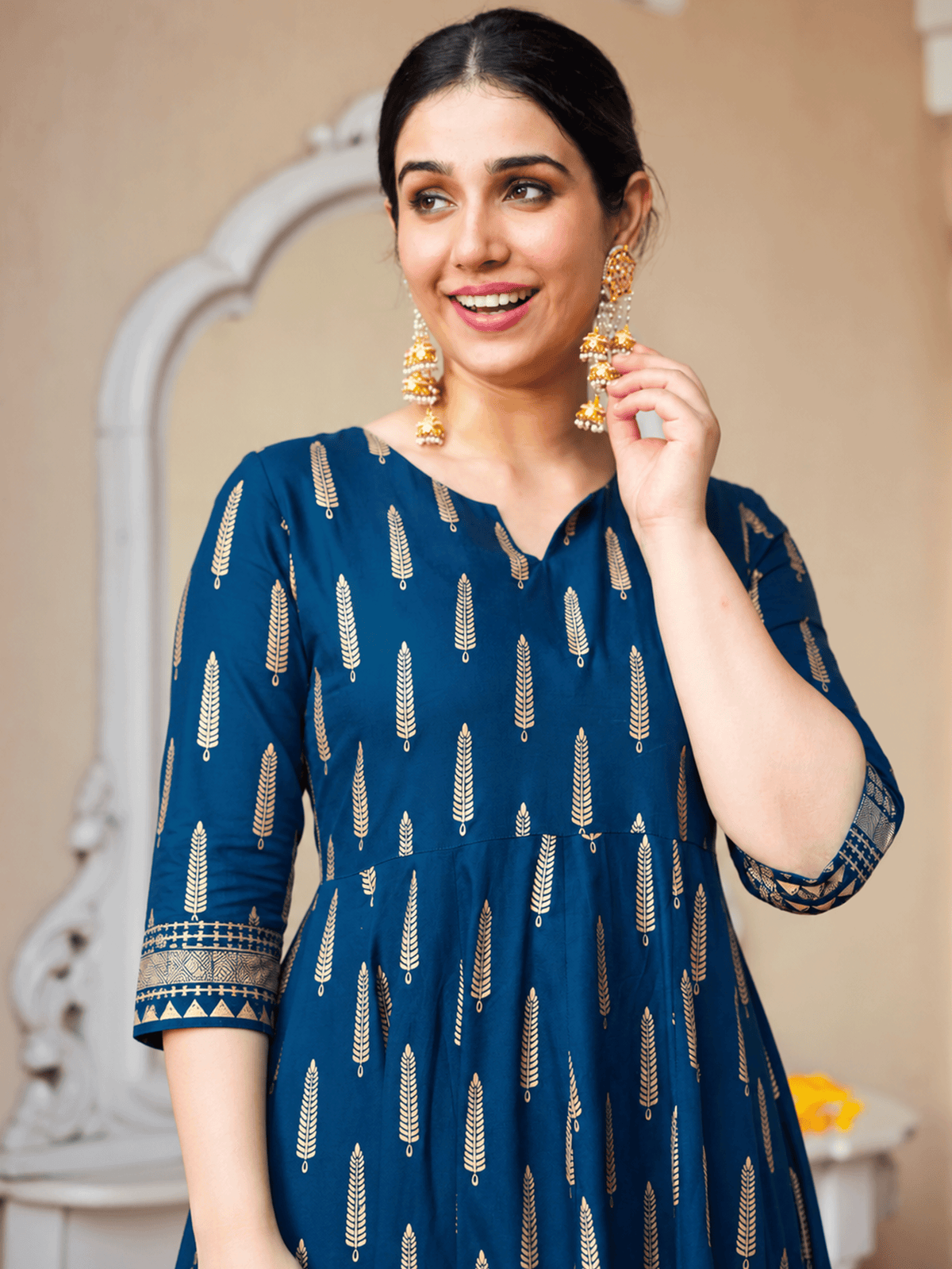 Viscose Gold foil Anarkali Blue Kurta