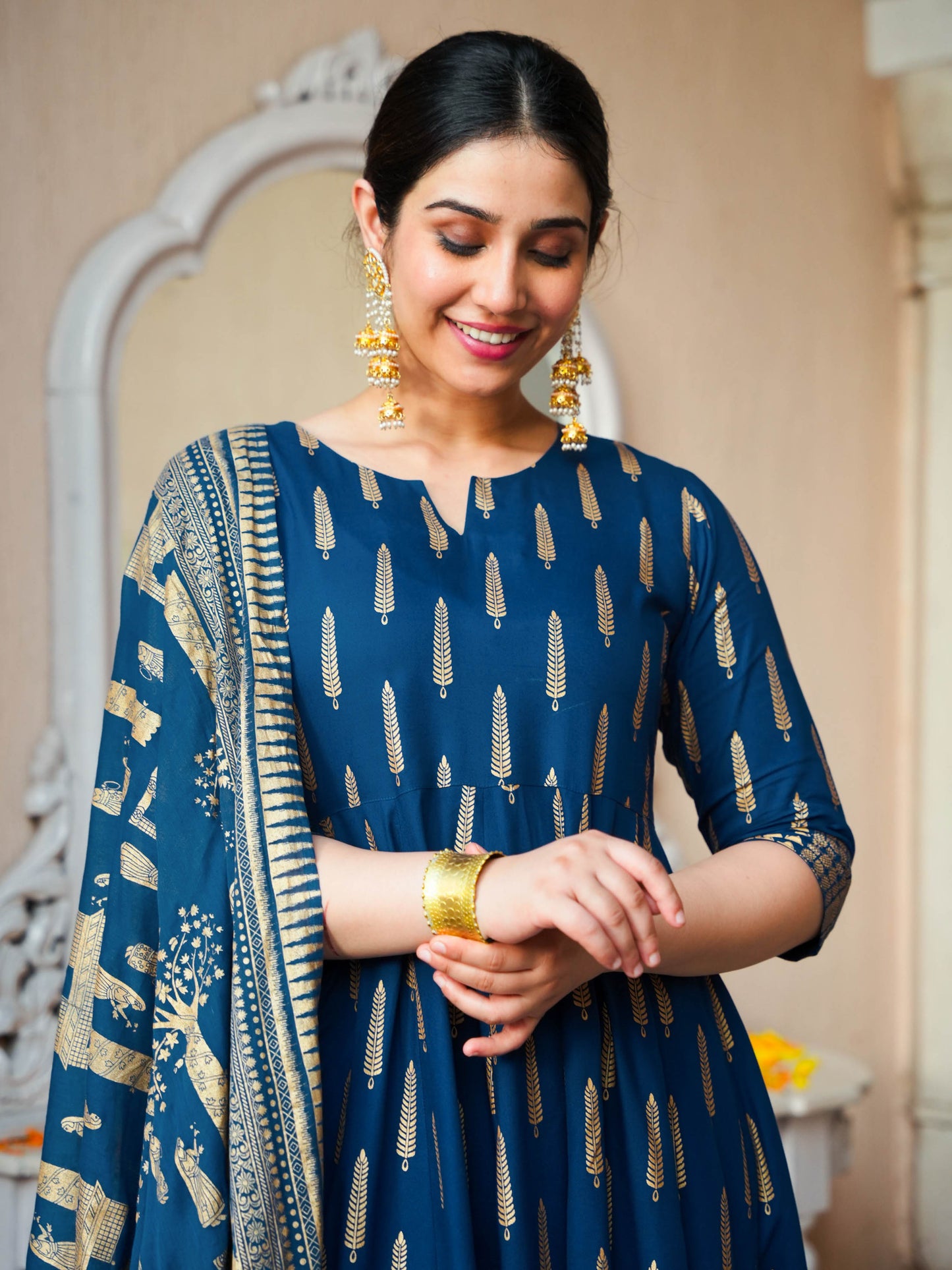 Viscose Gold foil Anarkali Blue Kurta