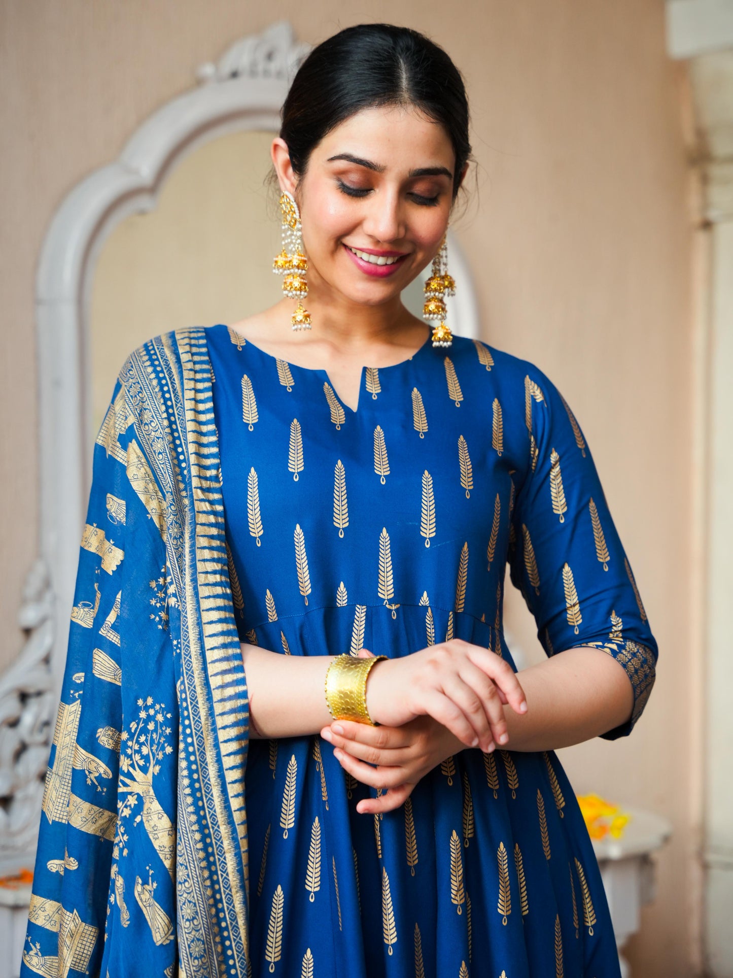 Viscose Gold foil Anarkali Blue Kurta