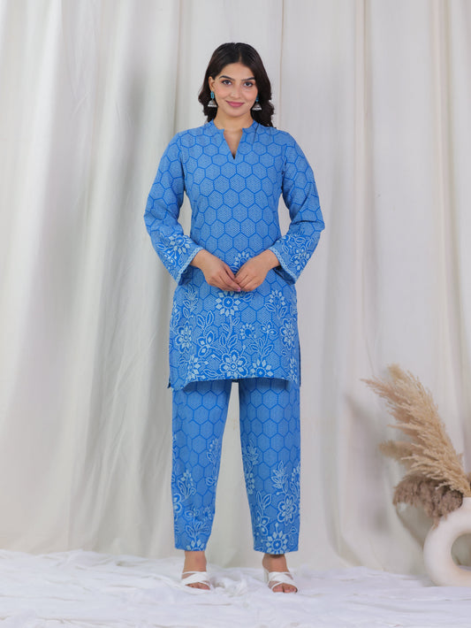 Soft Cotton Bandhani Straight Blue Kurta
