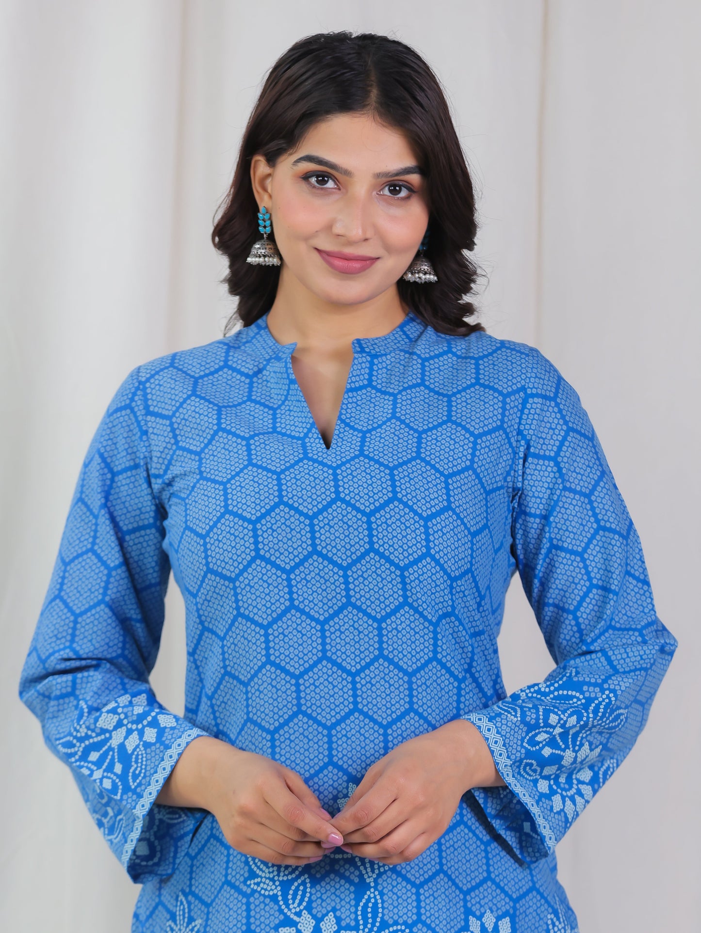 Soft Cotton Bandhani Straight Blue Kurta