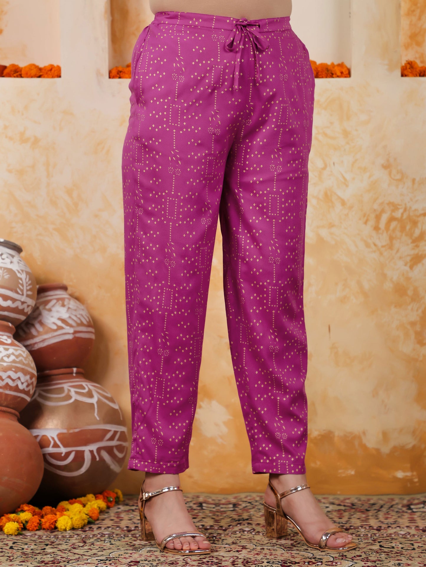 Viscose Gold foil Pink Straight Straight Trousers