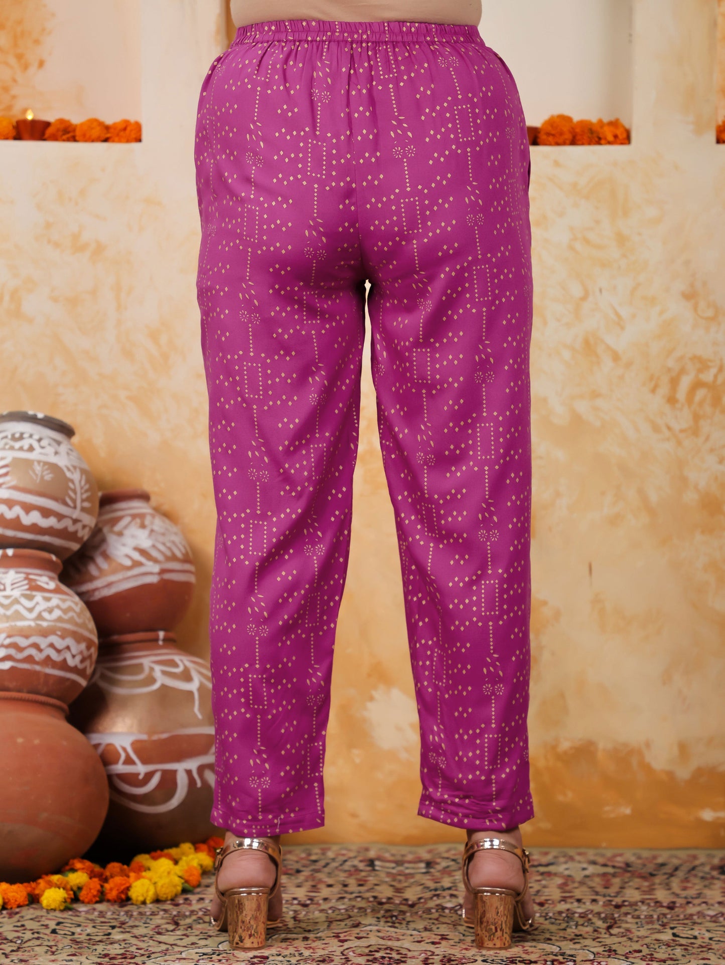 Viscose Gold foil Pink Straight Straight Trousers