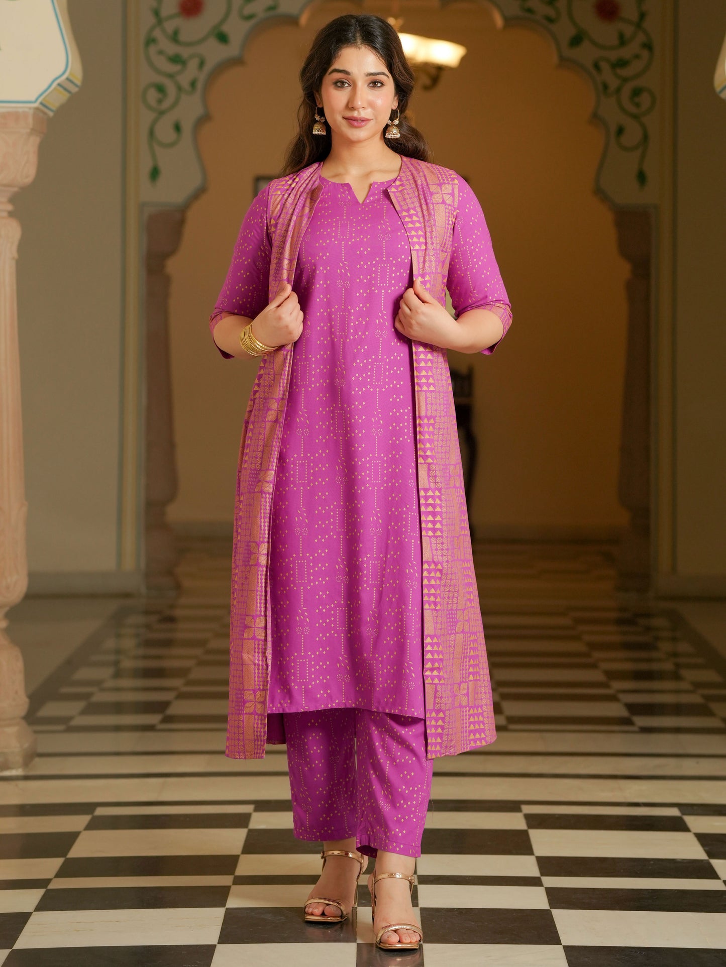 Viscose Gold foil Straight Pink Kurta