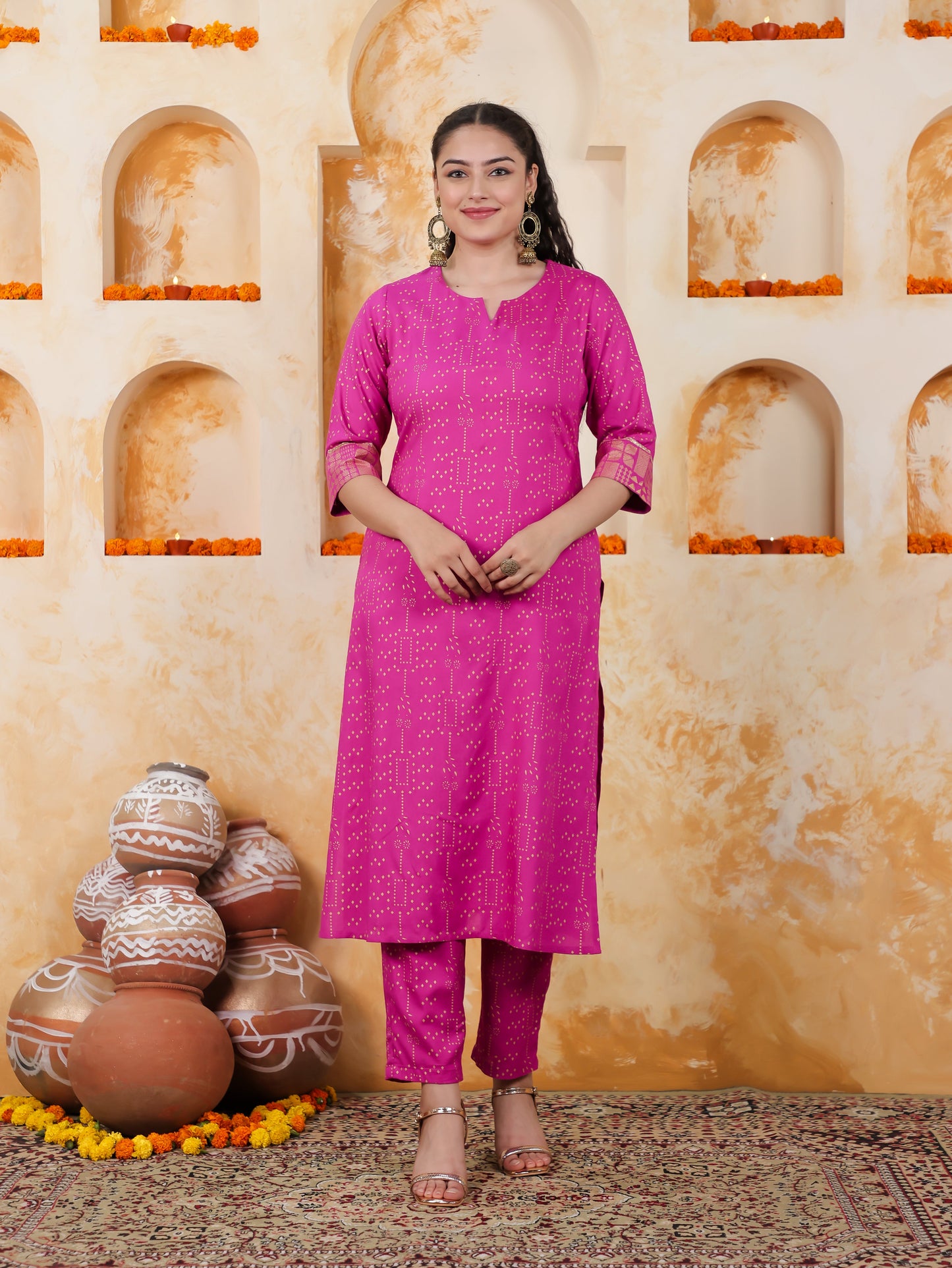 Viscose Gold foil Straight Pink Kurta
