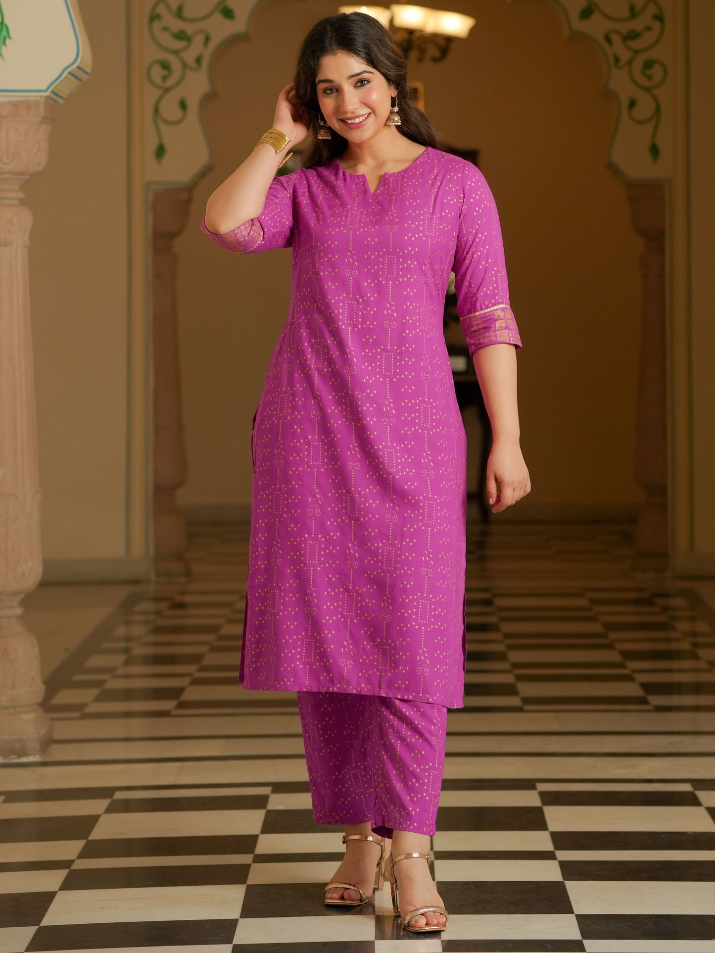 Viscose Gold foil Straight Pink Kurta