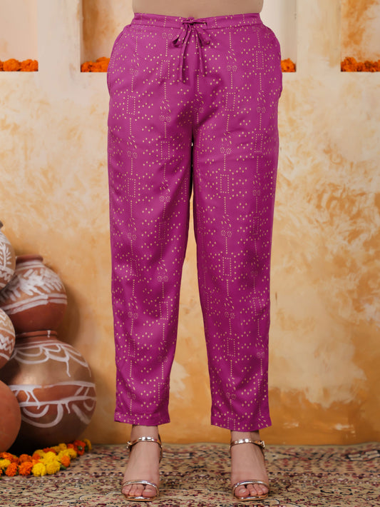 Viscose Gold foil Pink Straight Straight Trousers