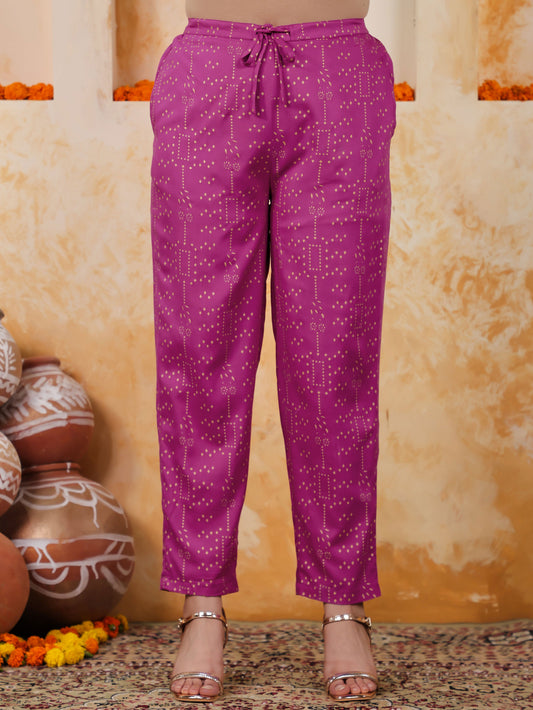 Viscose Gold foil Pink Straight Straight Trousers