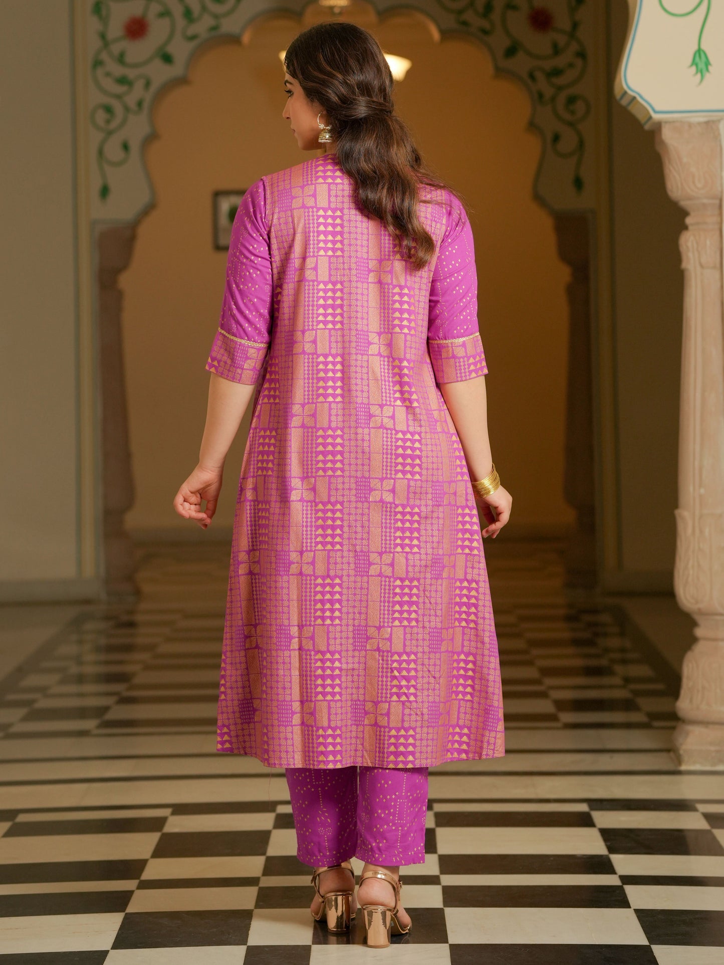 Viscose Gold foil Straight Pink Kurta