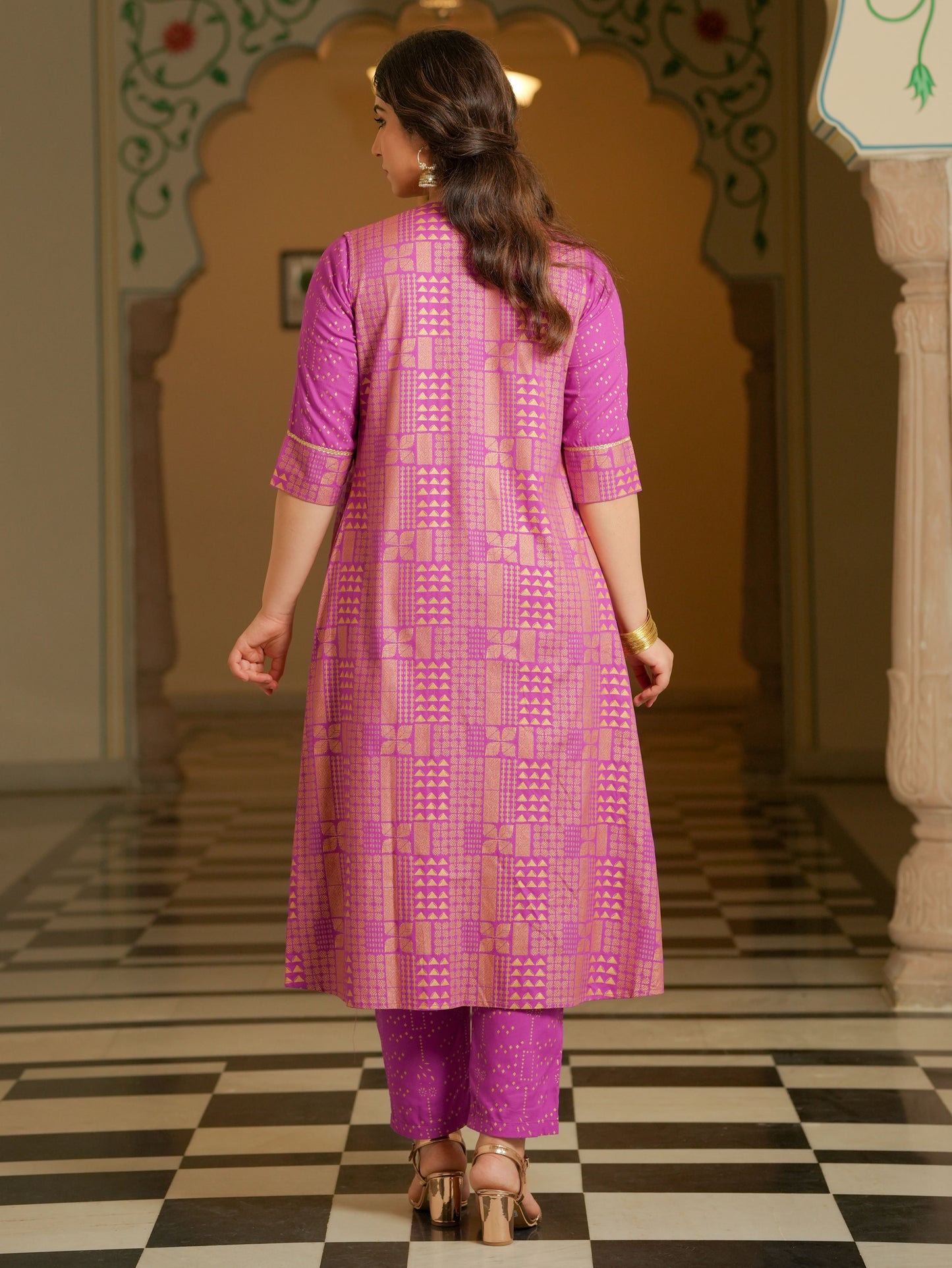 Viscose Gold foil Straight Pink Kurta