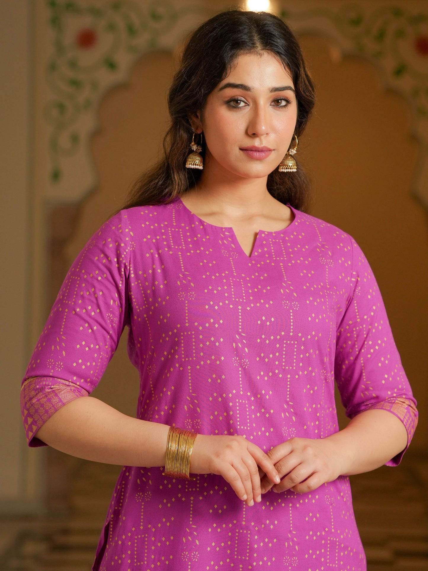 Viscose Gold foil Straight Pink Kurta