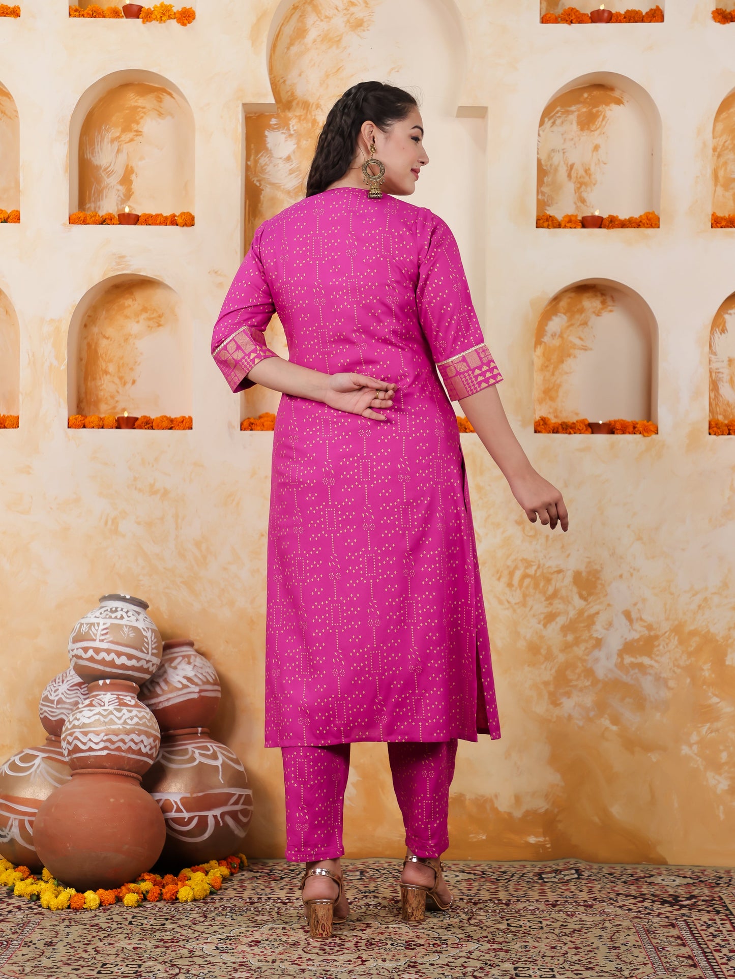 Viscose Gold foil Straight Pink Kurta