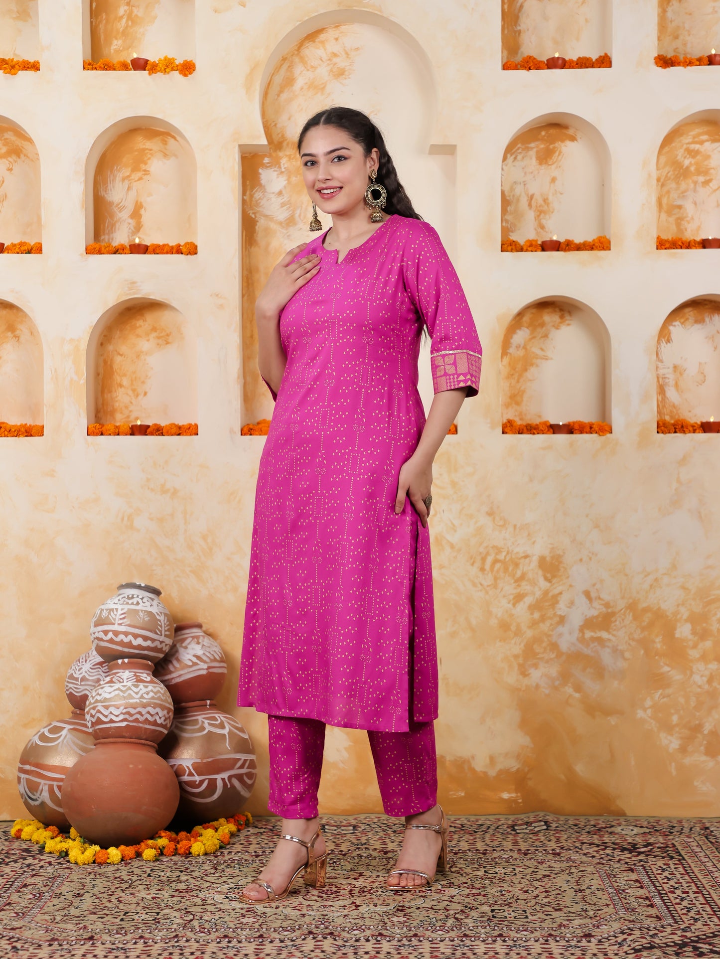 Viscose Gold foil Straight Pink Kurta