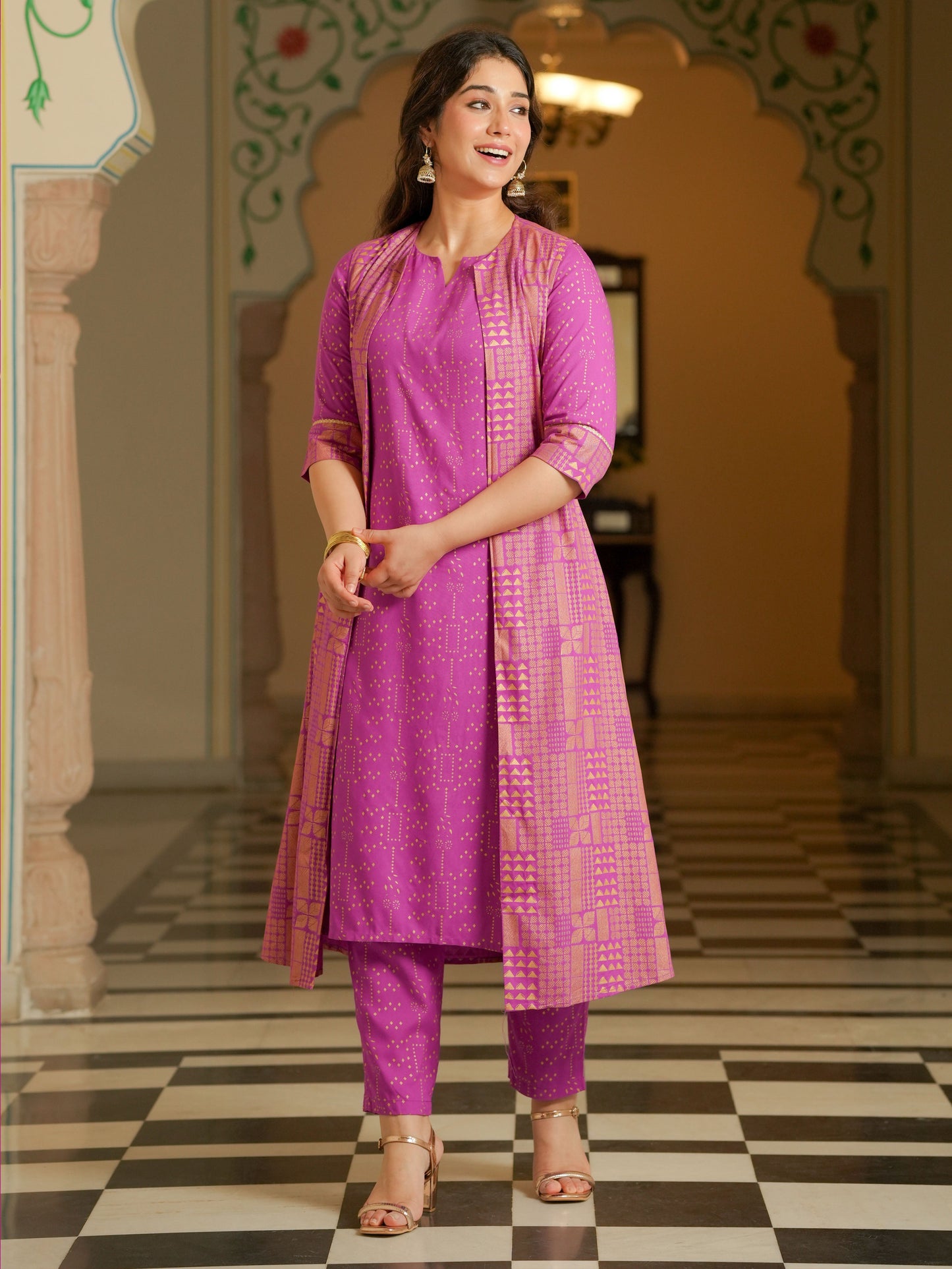 Viscose Gold foil Straight Pink Kurta