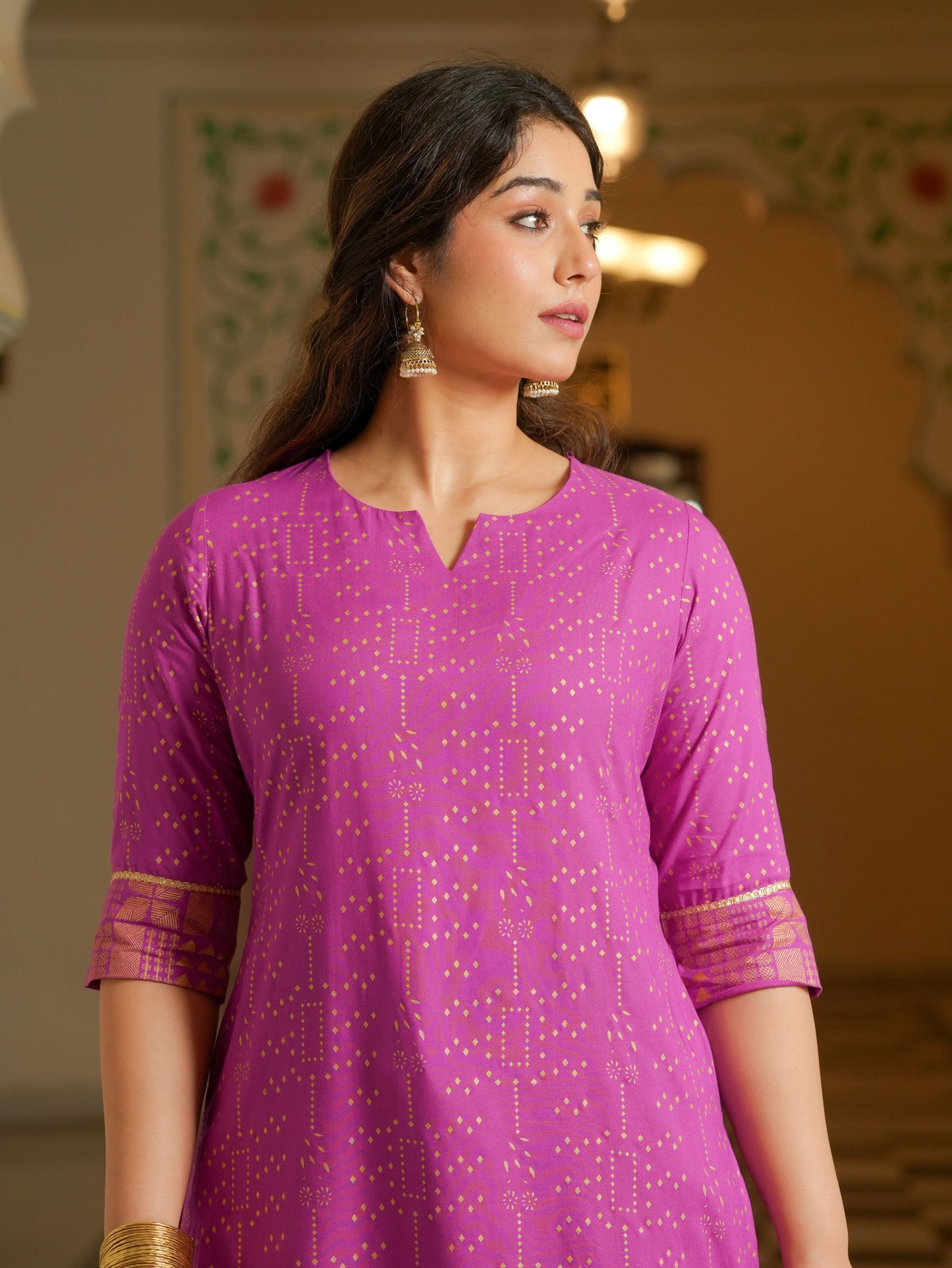 Viscose Gold foil Straight Pink Kurta