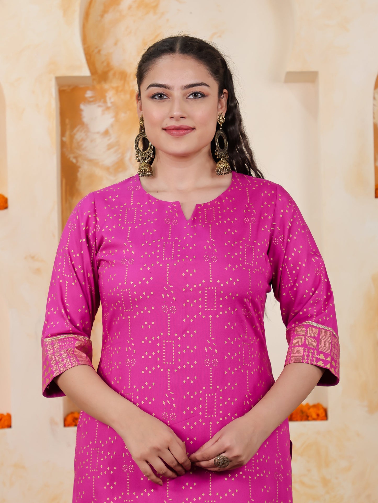 Viscose Gold foil Straight Pink Kurta
