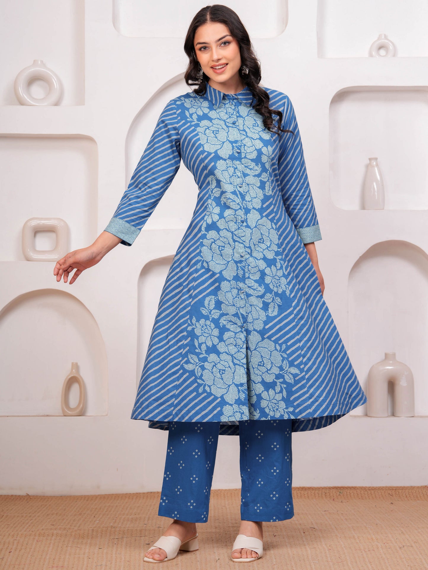 Soft Cotton Bandhani High Low Blue Kurta