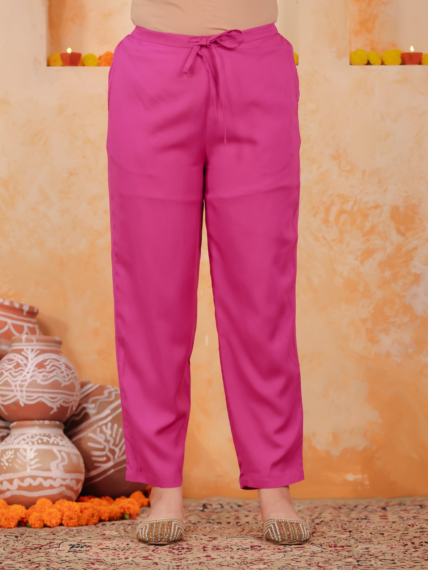Viscose Solid Pink Tapered Tapered Trousers