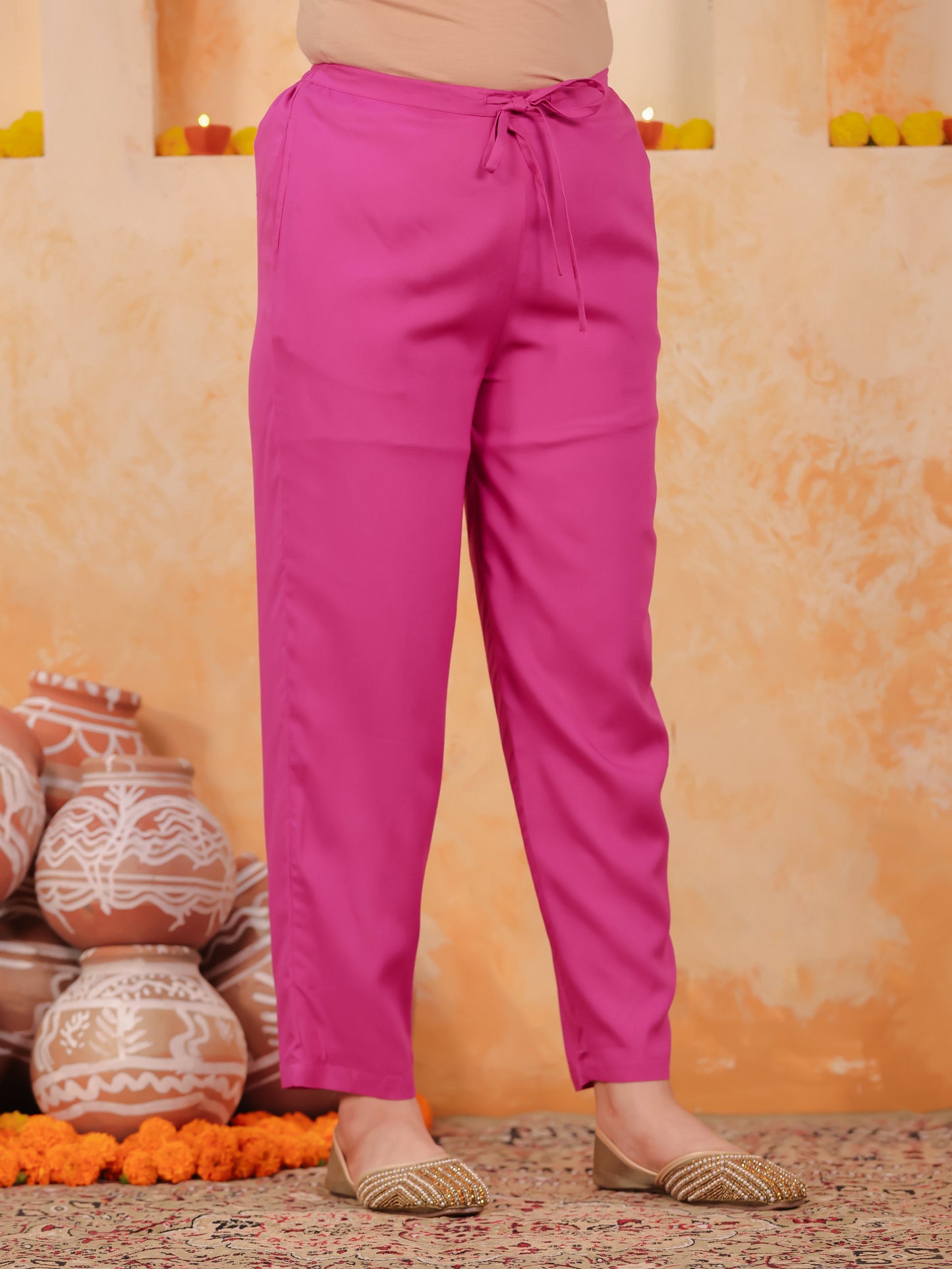 Viscose Solid Pink Tapered Tapered Trousers