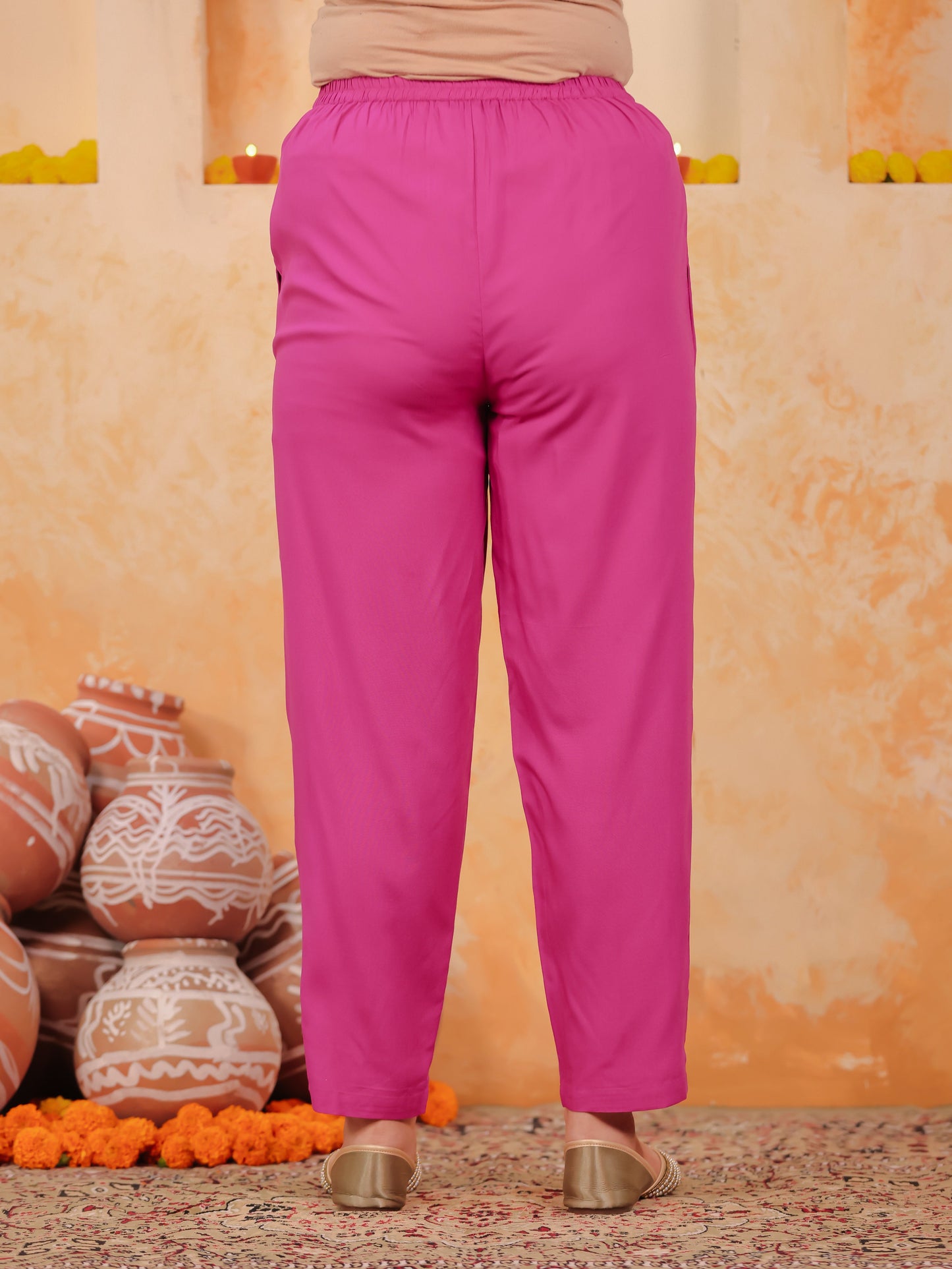 Viscose Solid Pink Tapered Tapered Trousers