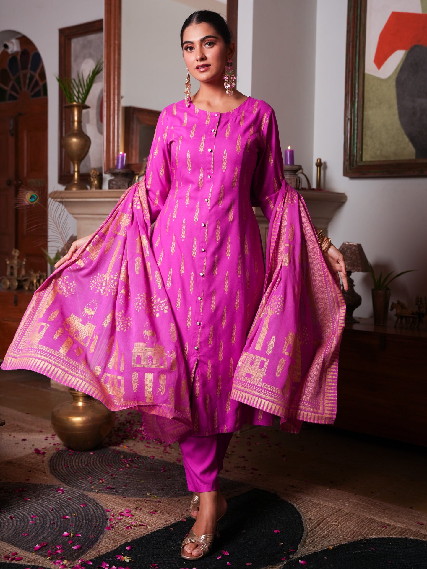 Cotton Voile Gold foil Pink Dupatta