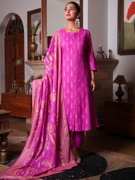 Cotton Voile Gold foil Pink Dupatta
