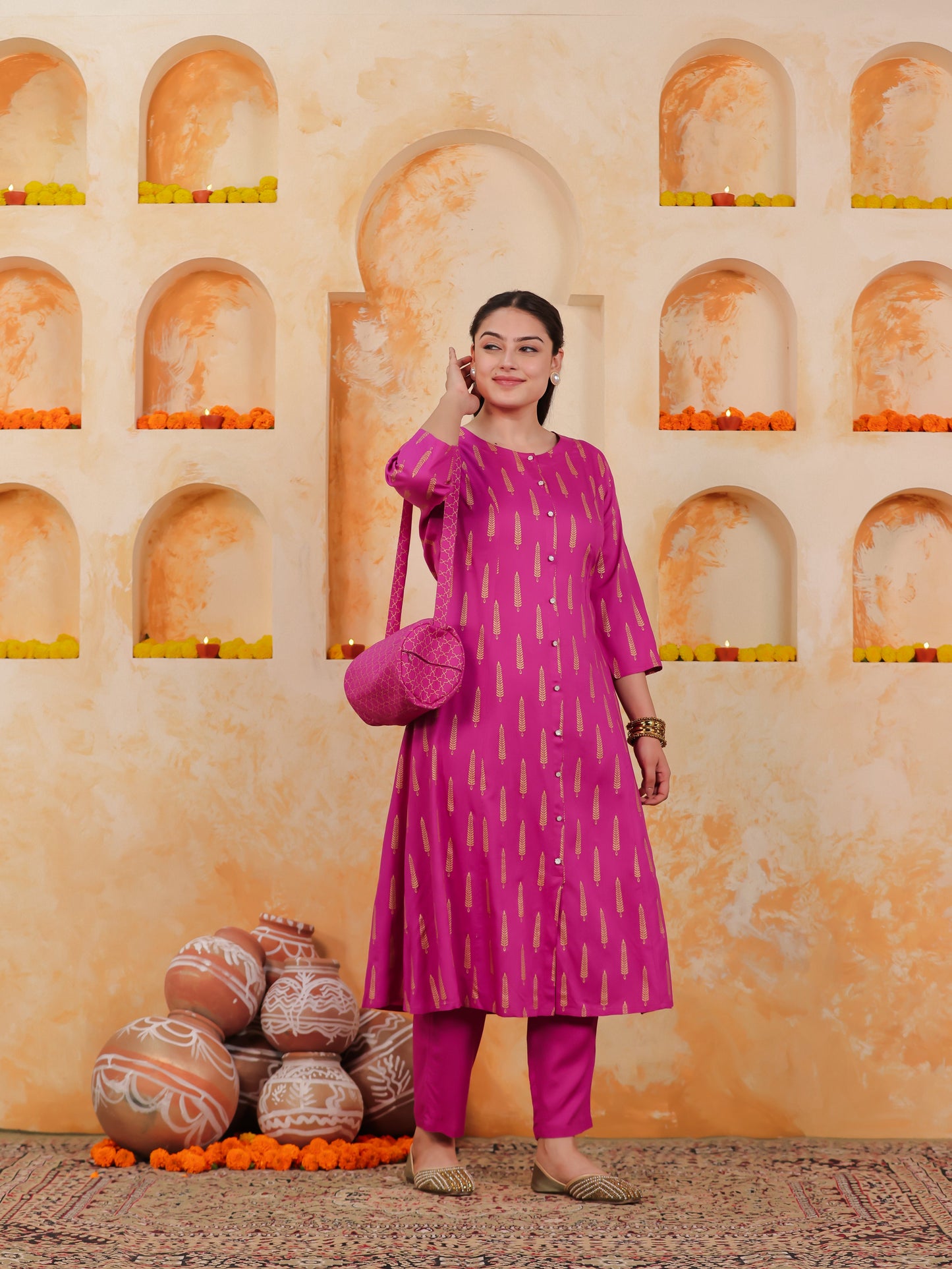 Viscose Gold foil A-line Pink Kurta