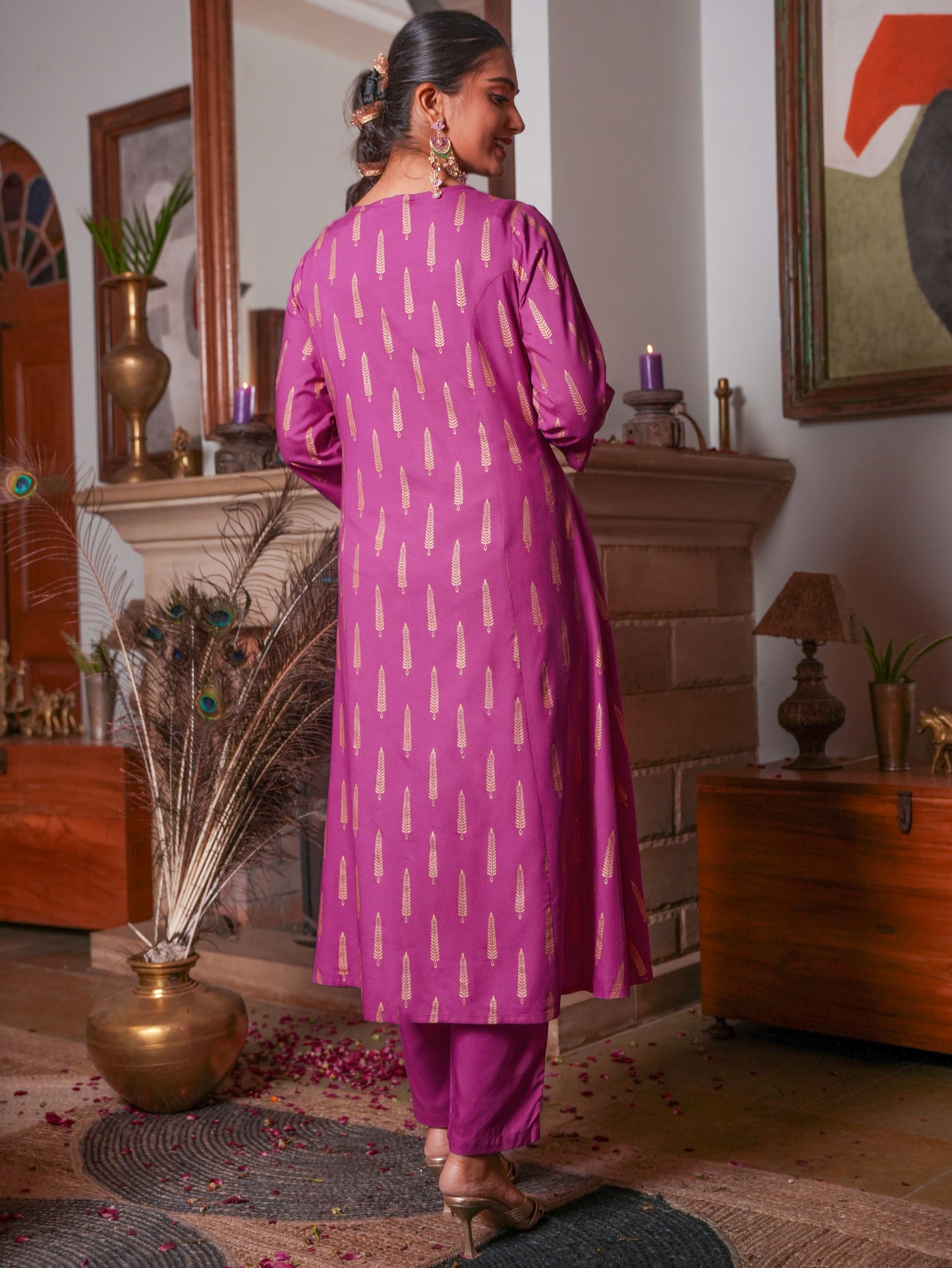 Viscose Gold foil A-line Pink Kurta