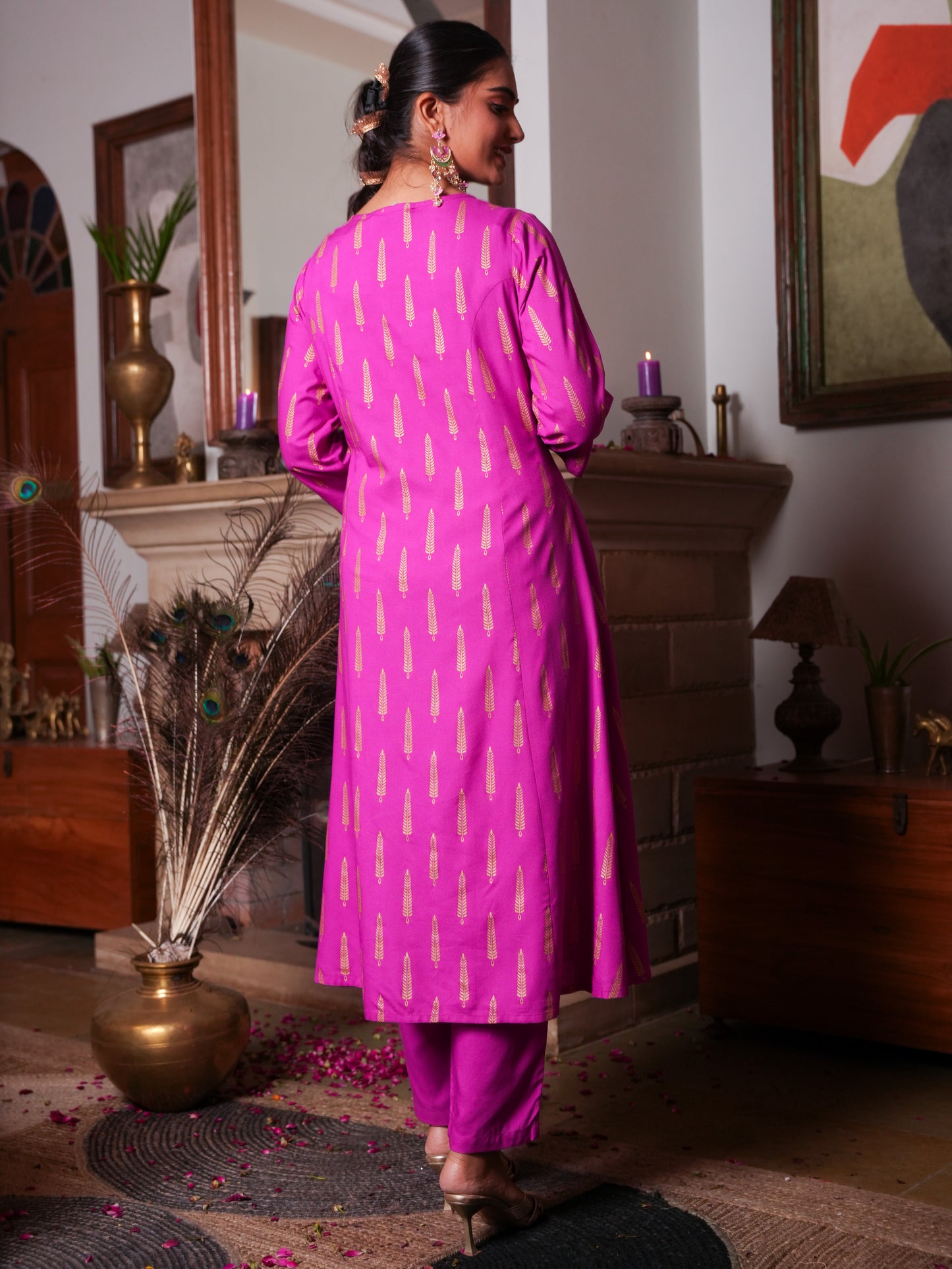 Viscose Gold foil A-line Pink Kurta